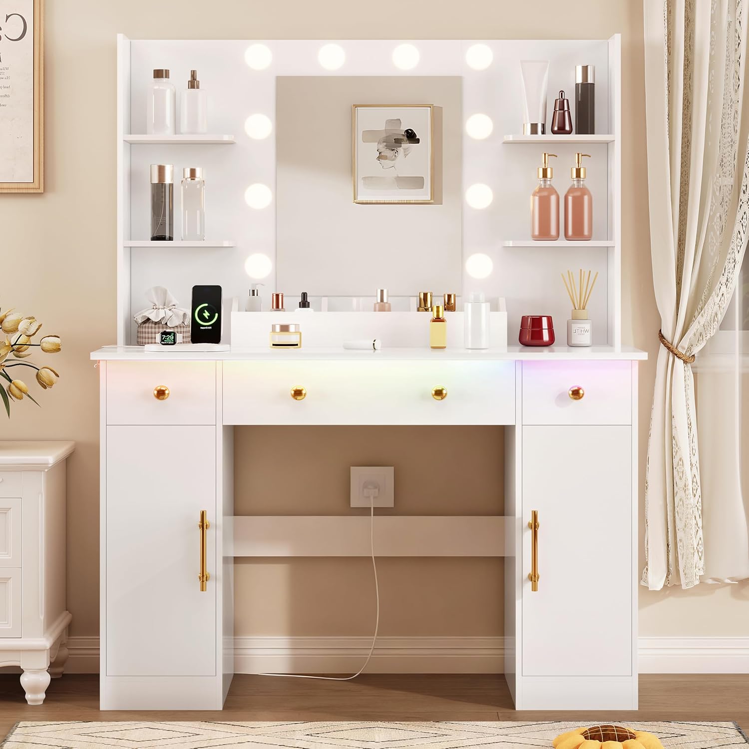 HUANLEGO Vanity Desk with Mirror and Lights, Makeup Vanity with Mirror and LED Lights & Power Outlet, 3 Drawers and Cabinets, 3 Lighting Modes Dressing Table Set for Girls Women Bedroom, White