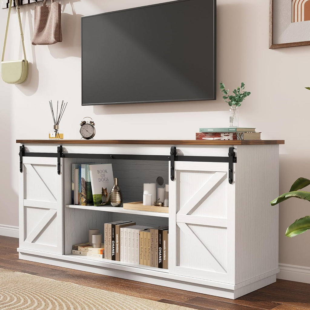YESHOMY Farmhouse TV Stand for Televisions up to 65 Inches, Sliding Barn Doors and Storage Cabinets, Console Table and Media Furniture for Living Room, 58 Inch, White