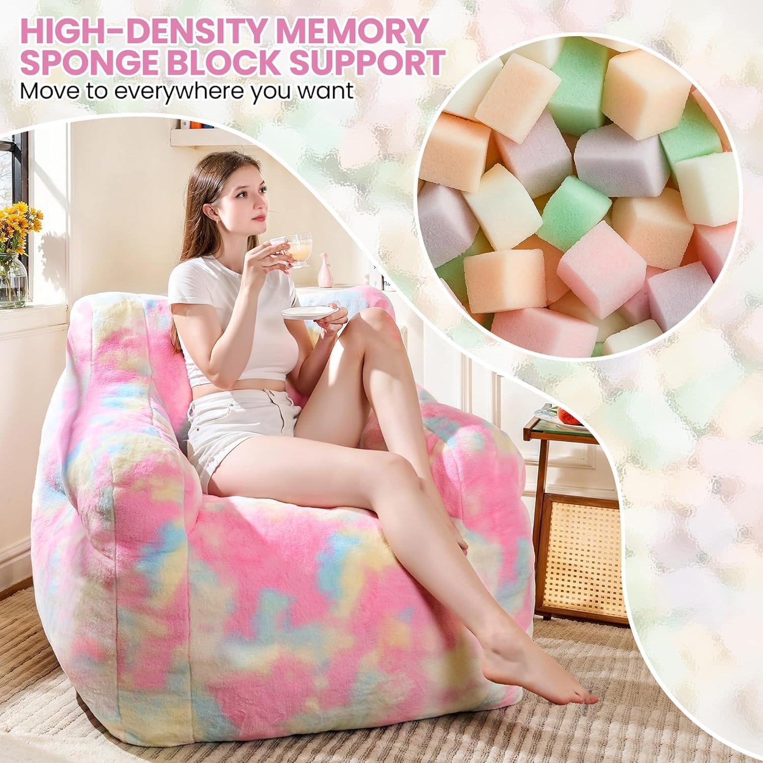 Recaceik Bean Bag Chairs, Giant Bean Bag Chair for Bedroom, Living Room (Rainbow)