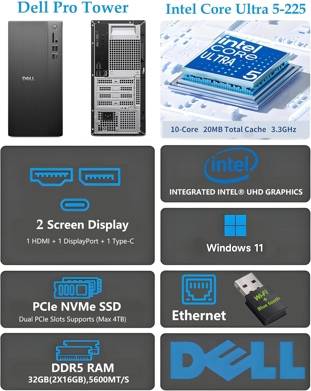 Dell Tower Desktop Computer, Intel Core Ultra 5, 16GB DDR5 RAM, 1TB PCIe SSD, Windows 11 Pro Business Workstation, Intel AI Boost NPU, HDMI, DisplayPort,Keyboard Mouse, Wi-Fi 6+Bluetooth