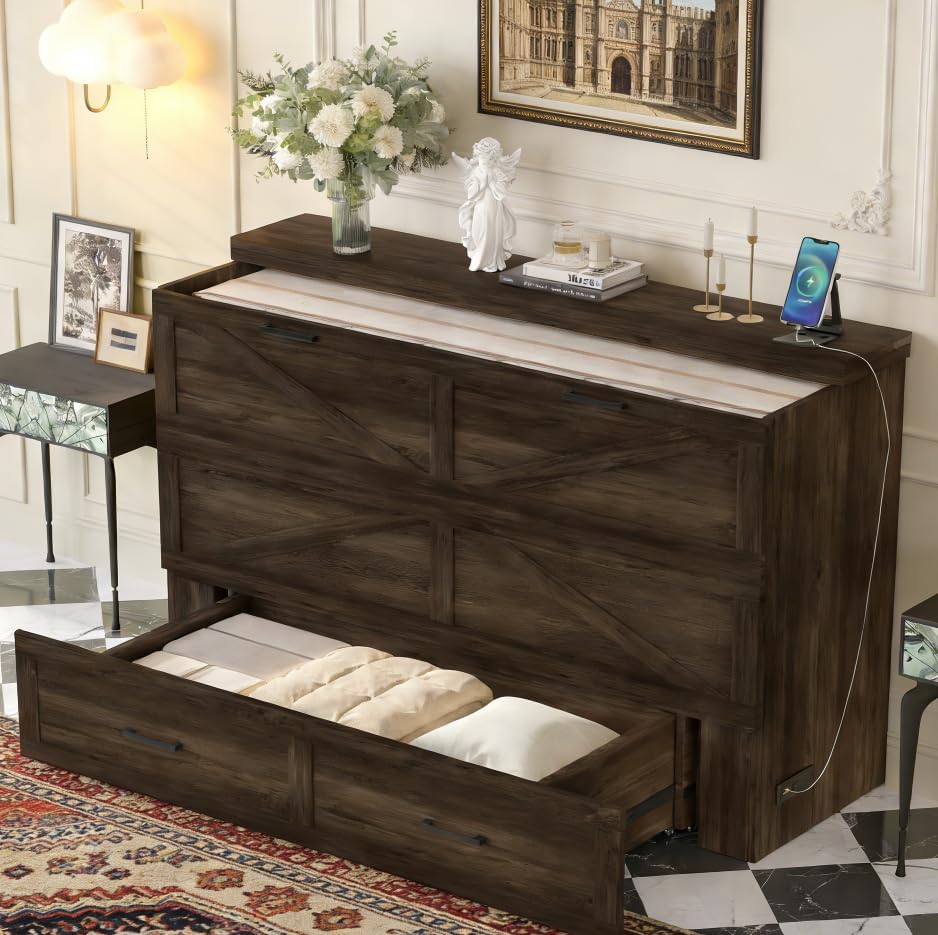 Bellemave Queen Murphy Bedframe, Cabinet Bed with Charging Station and Storage, Farmhouse Murphy Cabinet with Foldable Panel, Noisy Free, for Guest Bedroom, Living Room, Office, Rustic Gray