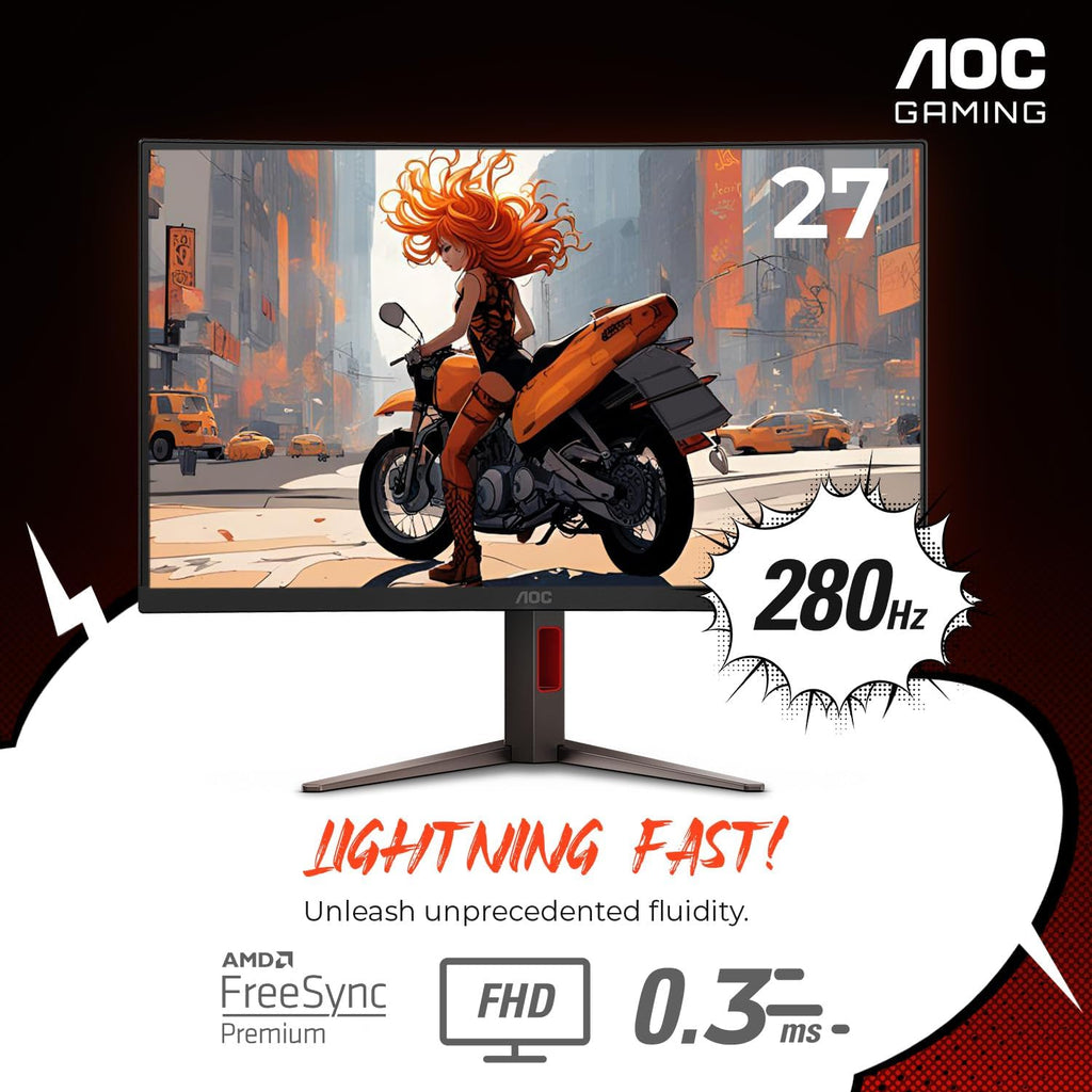 AOC 27" Curved Gaming Monitor, FHD 1080p, 280Hz (DP) 240Hz (HDMI), 0.3ms MPRT, VA Panel 1500R, AMD FreeSync Premium, HDR Ready, Height Adjustable, DisplayPort HDMI C27G4ZH
