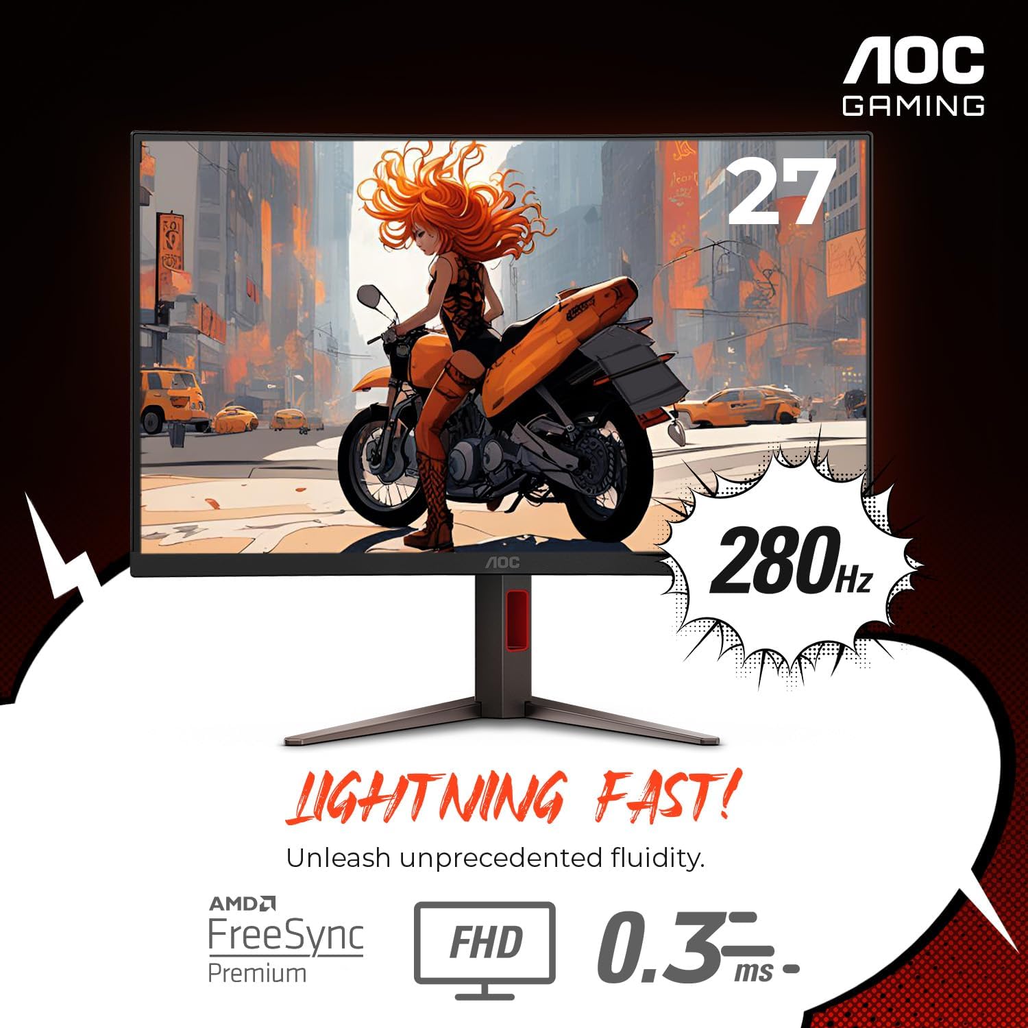 AOC 27" Curved Gaming Monitor, FHD 1080p, 280Hz (DP) 240Hz (HDMI), 0.3ms MPRT, VA Panel 1500R, AMD FreeSync Premium, HDR Ready, Height Adjustable, DisplayPort HDMI C27G4ZH