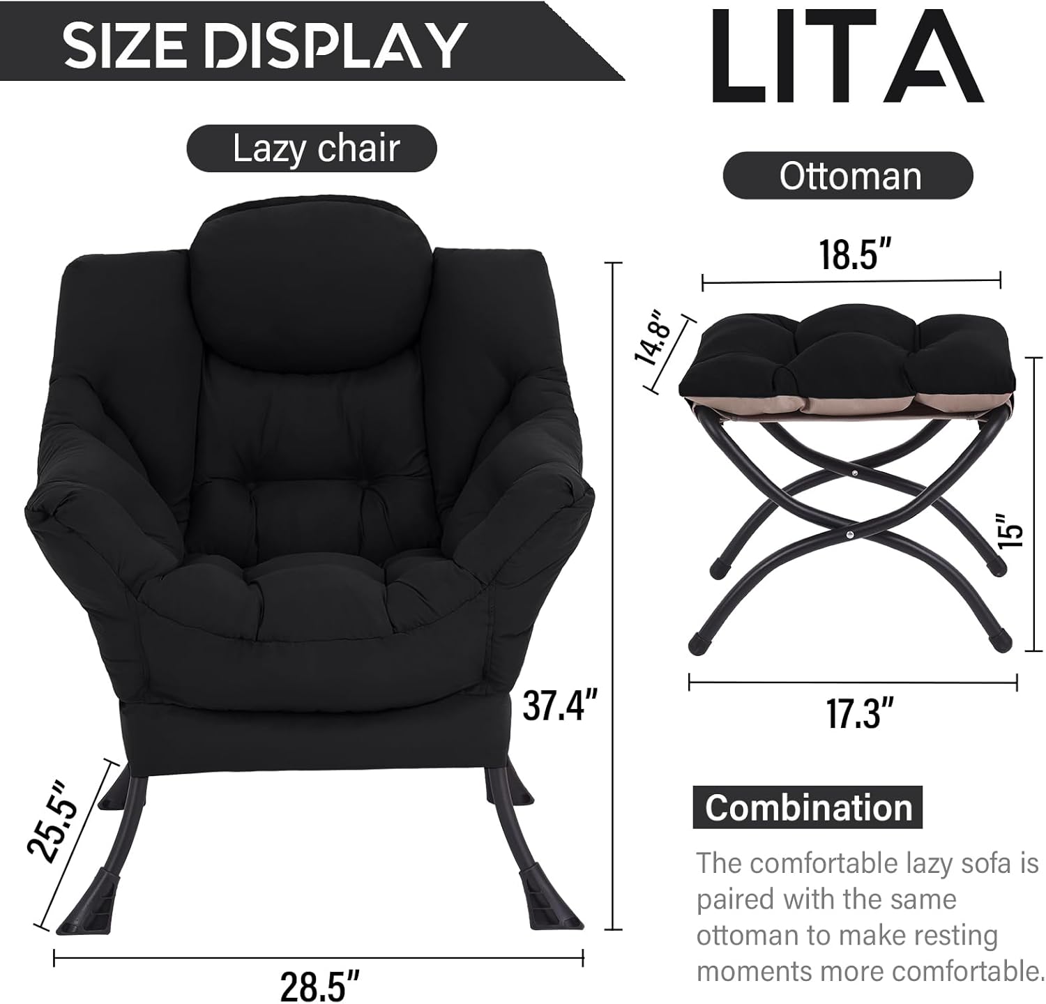 LITA Lazy Chair with Ottoman, Modern Accent Leisure Upholstered Sofa Chair, Contemporary Lounge Reading Chairs with Armrests and a Side Pocket for Living Room, Bedroom & Small Space, Black