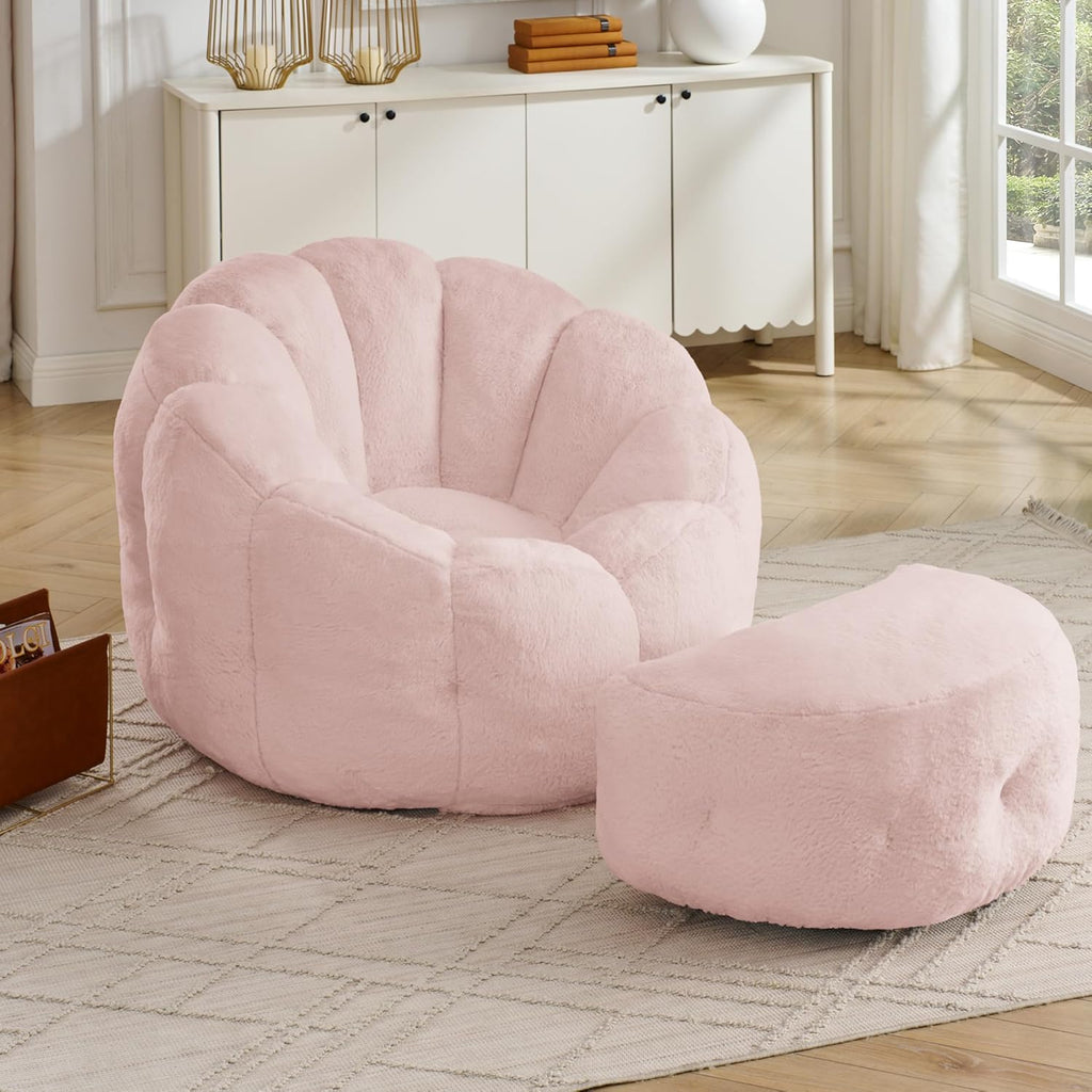 Mofolit 46" Oversized Flower Bean Bag Chair with Ottoman for Adults,Large Cozy Beanbag Chair with Artificial Rabbit Fur Fabric,Boneless Sofa for Living Room,Reading Room and Apartment. (Pink)