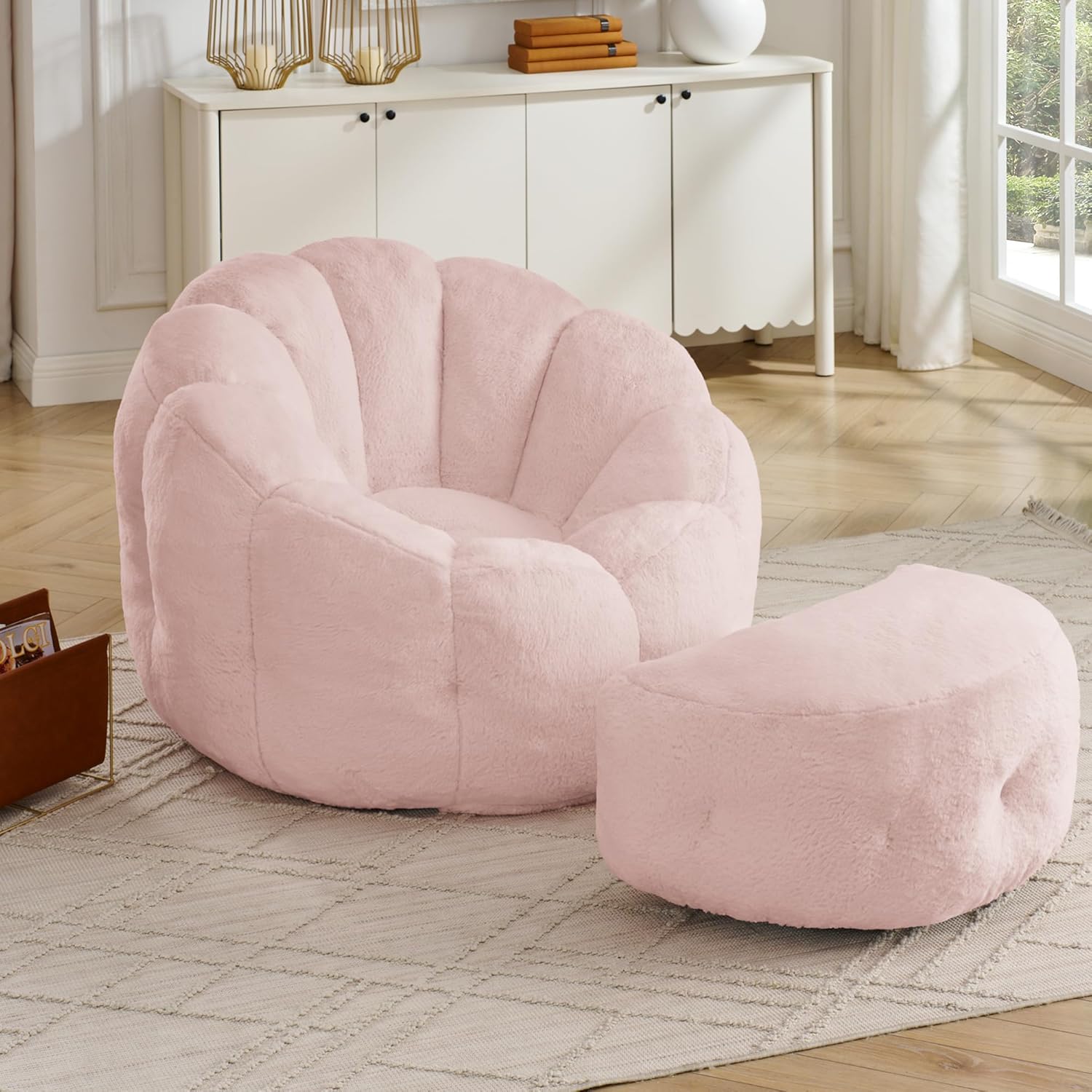 Mofolit 46" Oversized Flower Bean Bag Chair with Ottoman for Adults,Large Cozy Beanbag Chair with Artificial Rabbit Fur Fabric,Boneless Sofa for Living Room,Reading Room and Apartment. (Pink)