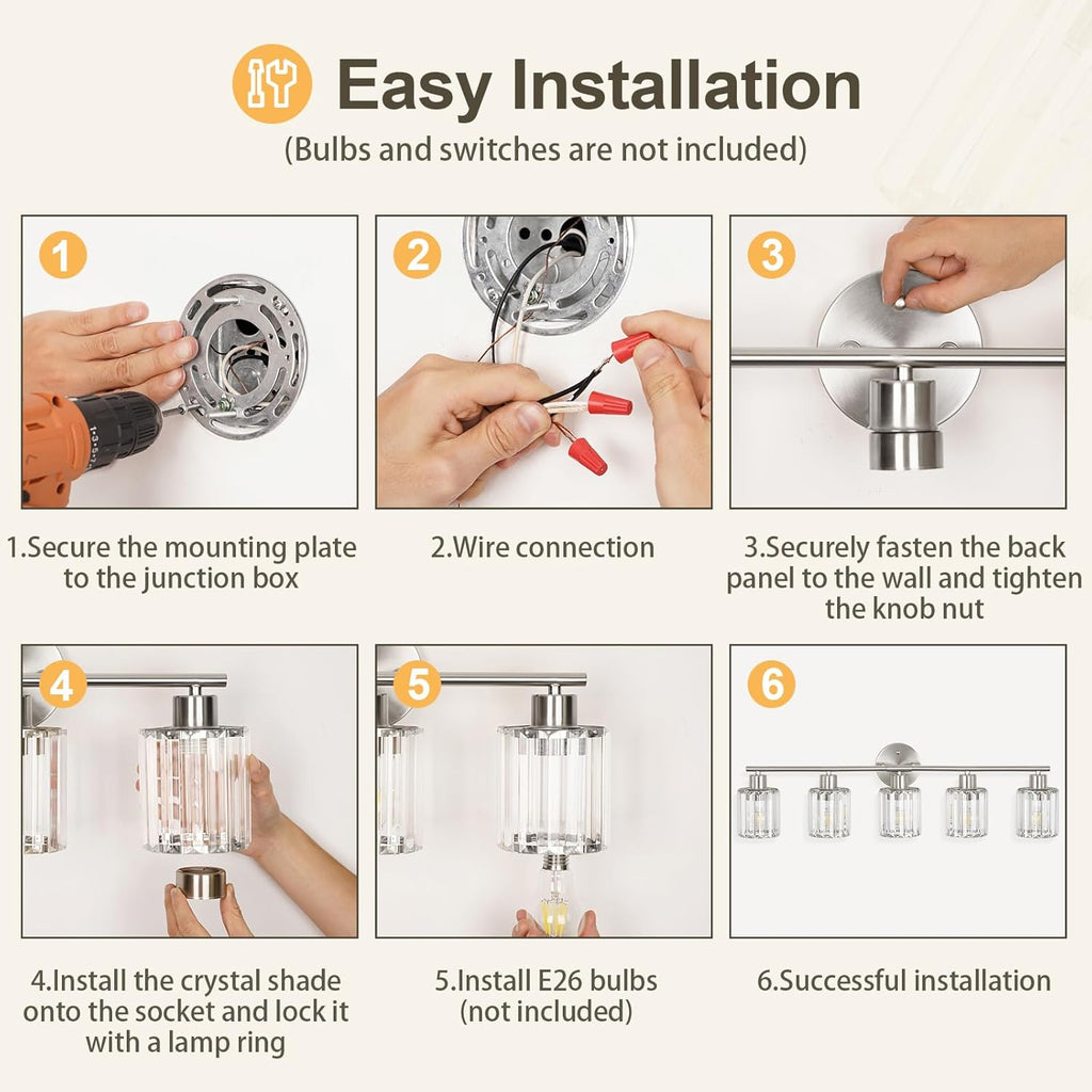 Crystal Bathroom Light Fixtures,Bathroom Lighting Fixtures Over Mirror, Modern 5-Light Brushed Nickel Vanity Lights for Mirror, Restroom,Kitchen(Ceramic E26 Socket,Bulbs Not Include)