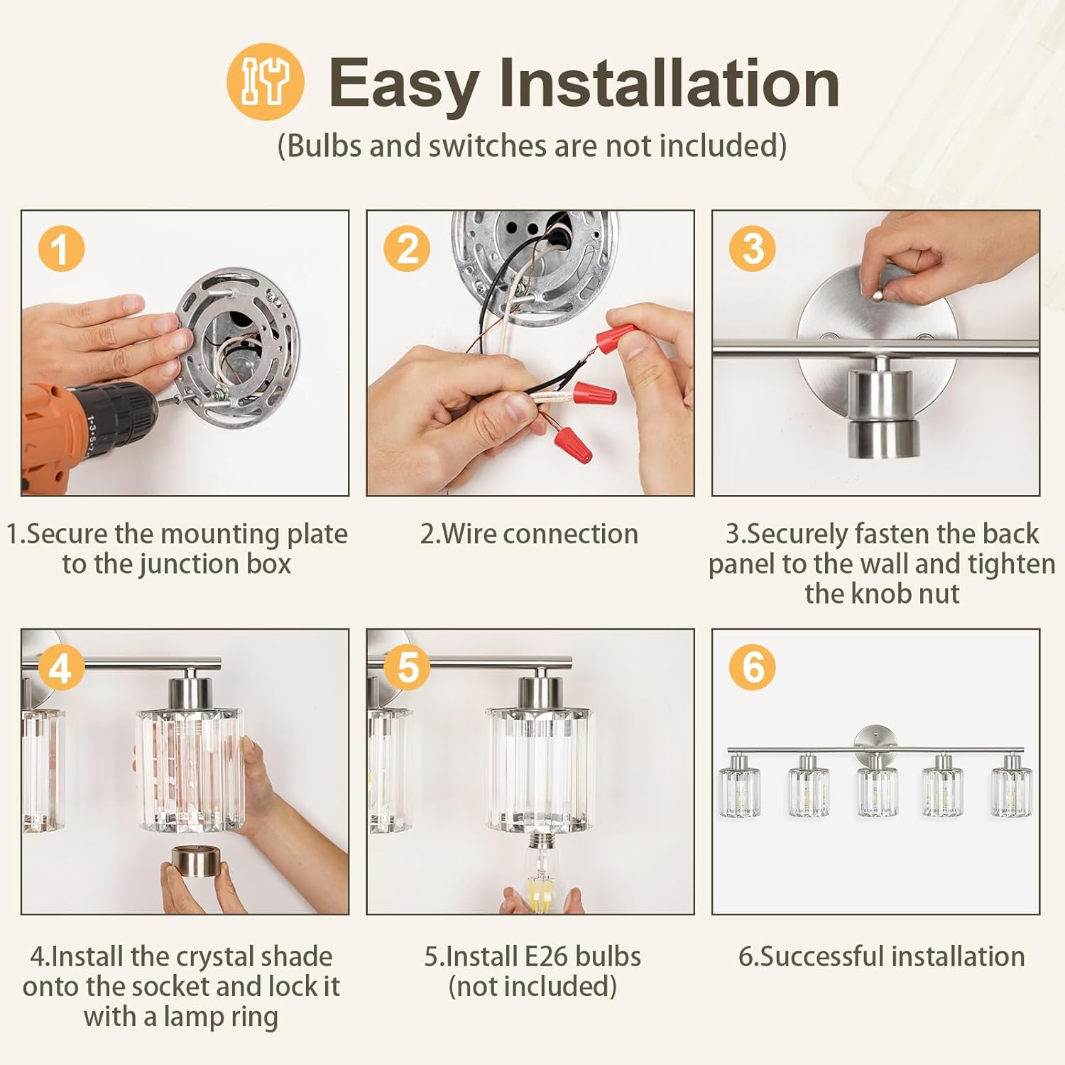 Crystal Bathroom Light Fixtures,Bathroom Lighting Fixtures Over Mirror, Modern 5-Light Brushed Nickel Vanity Lights for Mirror, Restroom,Kitchen(Ceramic E26 Socket,Bulbs Not Include)
