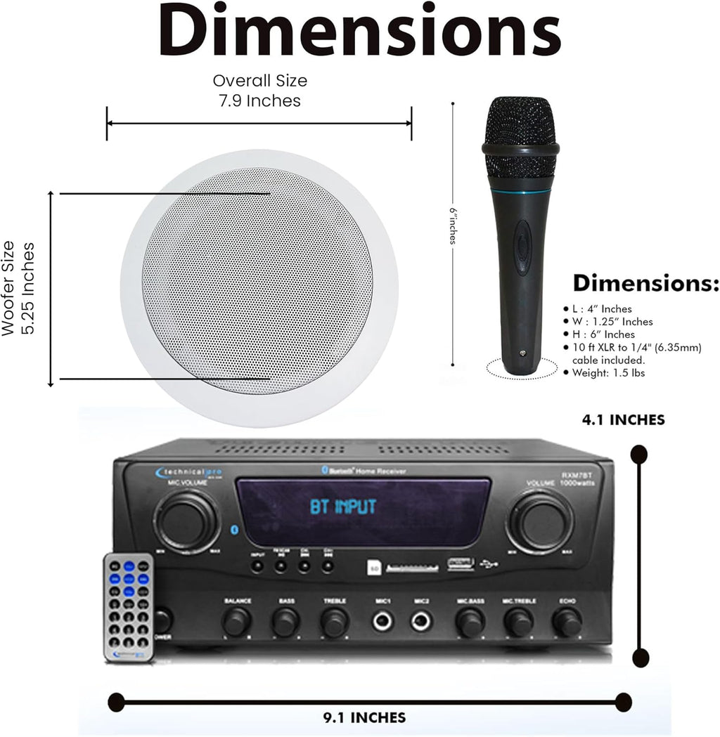 Home Theater System Kit 1000 Watts Bluetooth Receiver w/ 6 Qty 5.25" 175 Watts Each in-Wall in-Ceiling Speakers with Portable Microphone & Remote Control by Technical Pro