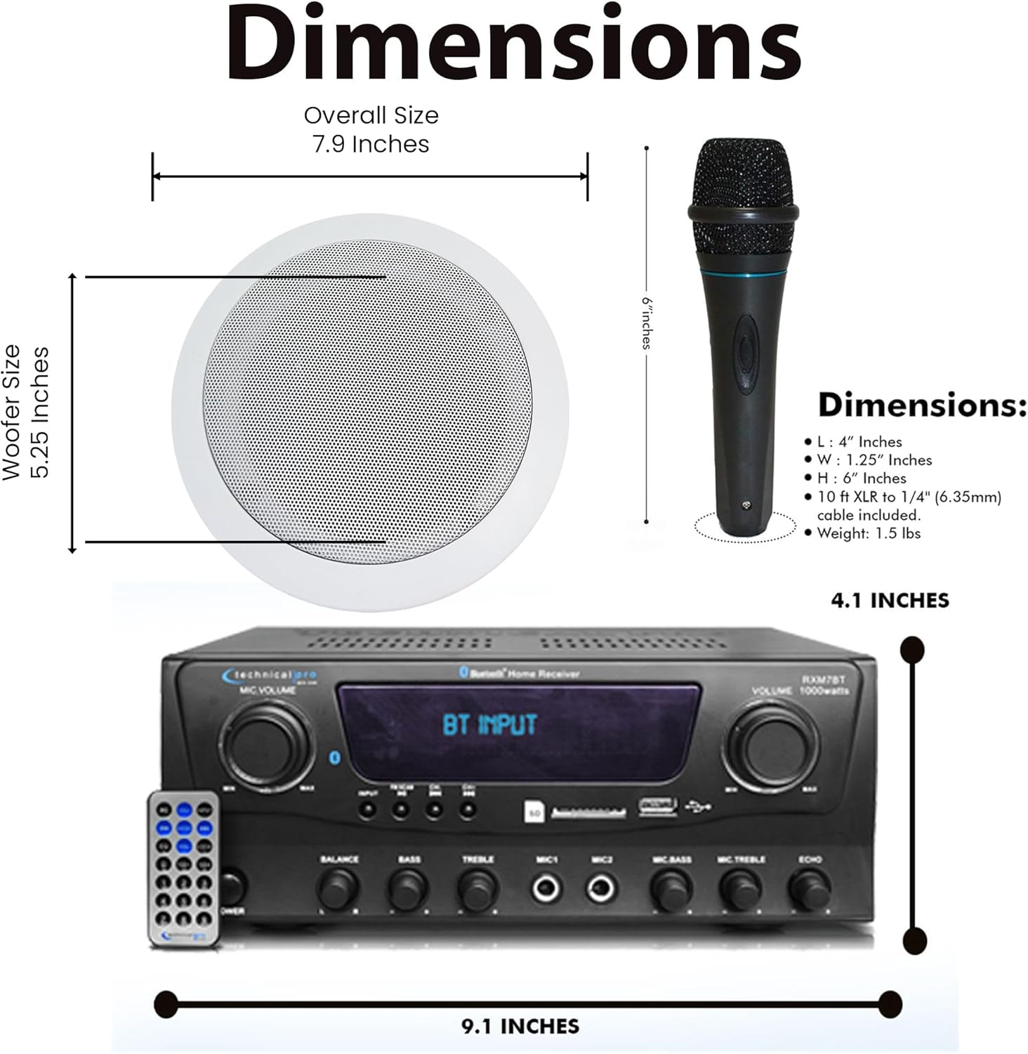 Home Theater System Kit 1000 Watts Bluetooth Receiver w/ 6 Qty 5.25" 175 Watts Each in-Wall in-Ceiling Speakers with Portable Microphone & Remote Control by Technical Pro