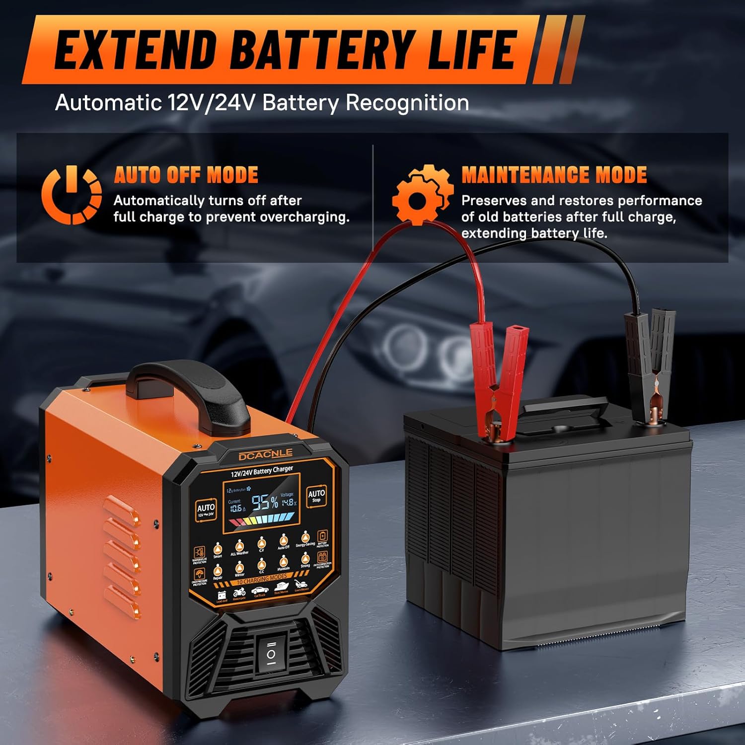 Car Battery Charger Heavy Duty,12V/24V Portable Smart Trickle Charger Battery Maintainer,Maintenance/Winter Mode,for AGM Auto Motorcycle Truck Rv Lawn Mower - for Lead Acid Batteries