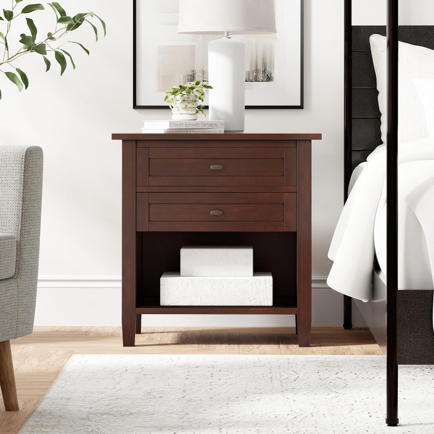 SIMPLIHOME Warm Shaker Bedside Table - 24 inch Wide Solid Wood Nightstand in Russet Brown, Transitional Bedroom Side or End Table with 2 Drawers, Open Shelf Storage and Brushed Nickel Hardware