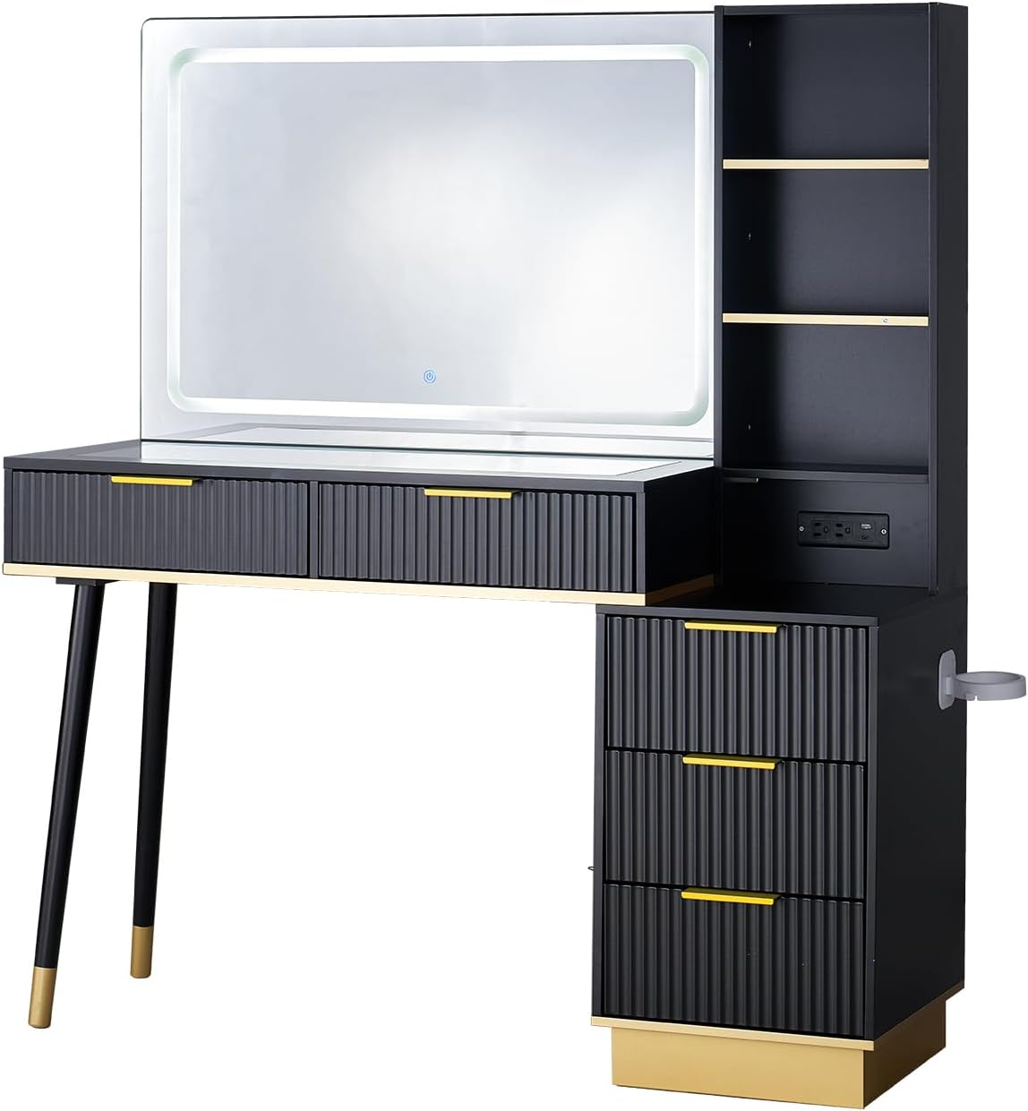 AMERLIFE 48" Fluted Vanity Desk with Mirror and Adjustable LED Lights, Large 5 Drawers Makeup Table with Glass Top and Charging Station for Women and Girls, Bedroom or Dorm, Black