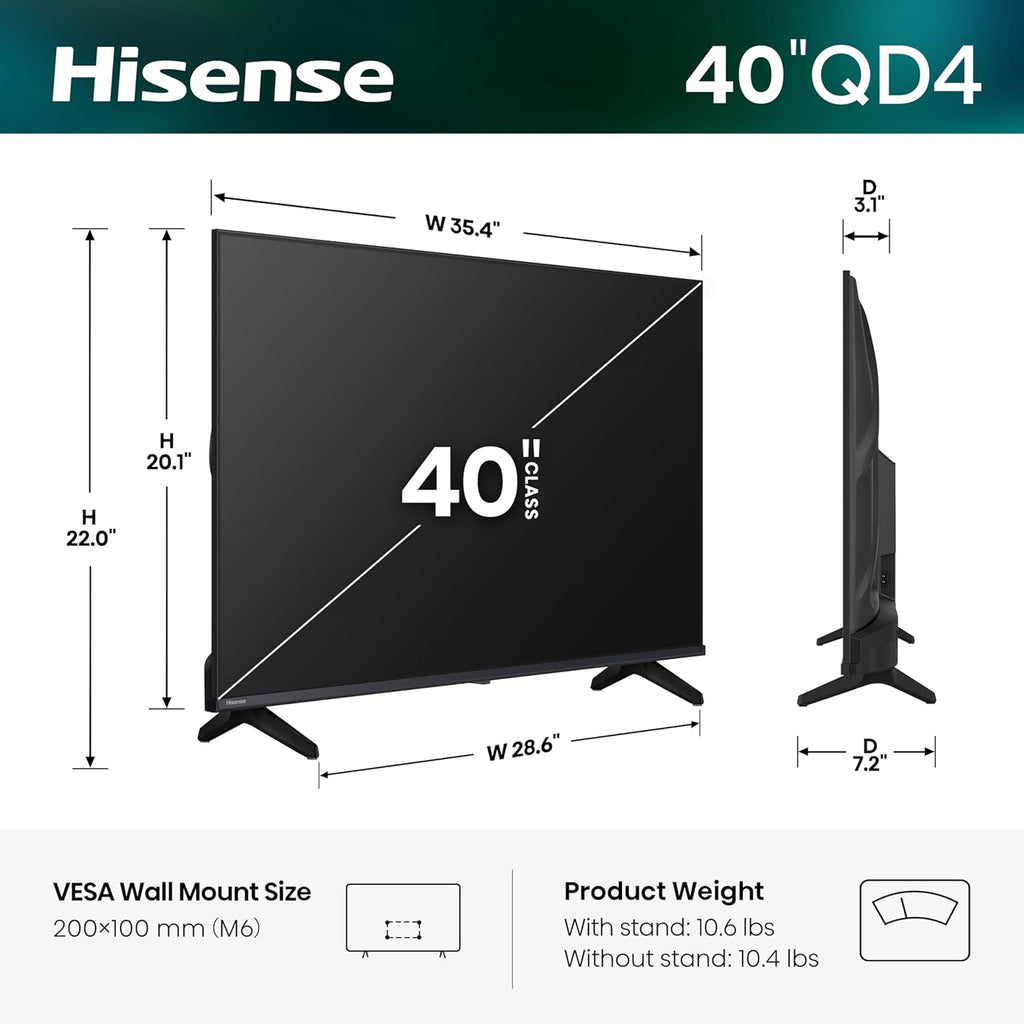 Hisense 40-Inch Class QD4 Series Hi-QLED FHD Smart VIDAA TV (40QD4SV, 2026 Model) – Hi-QLED Color, DTS Virtual:X Sound, VIDAA Smart OS, Alexa Built-in, AirPlay & HomeKit