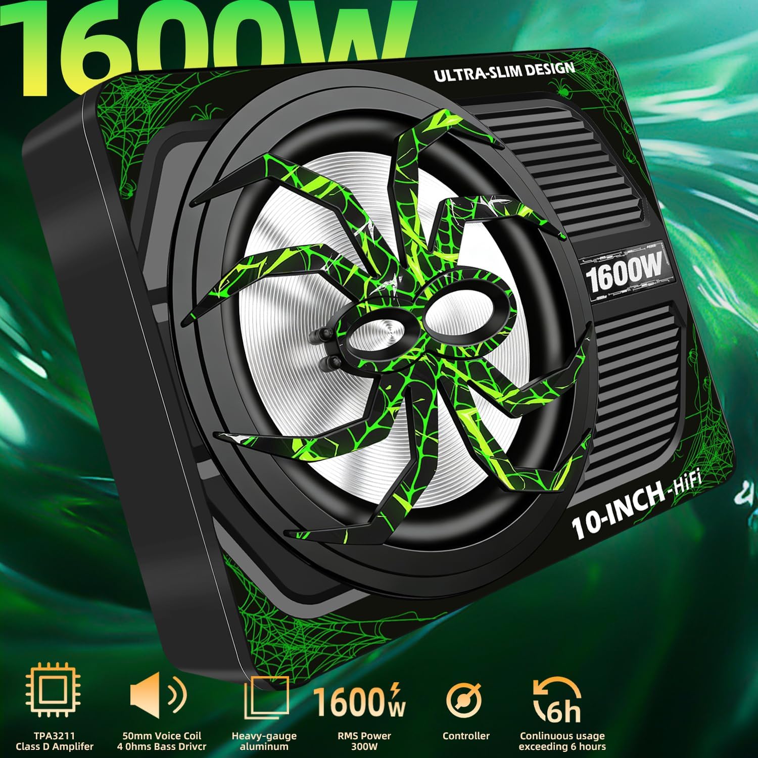 2026 Upgraded 1600W 10" Slim Under Seat Subwoofer with Built-in Amplifier - Powered Car Low Profile Bass Sub - Individual Controls (LPF/Gain/Bass Boost) LED Ambient Lights