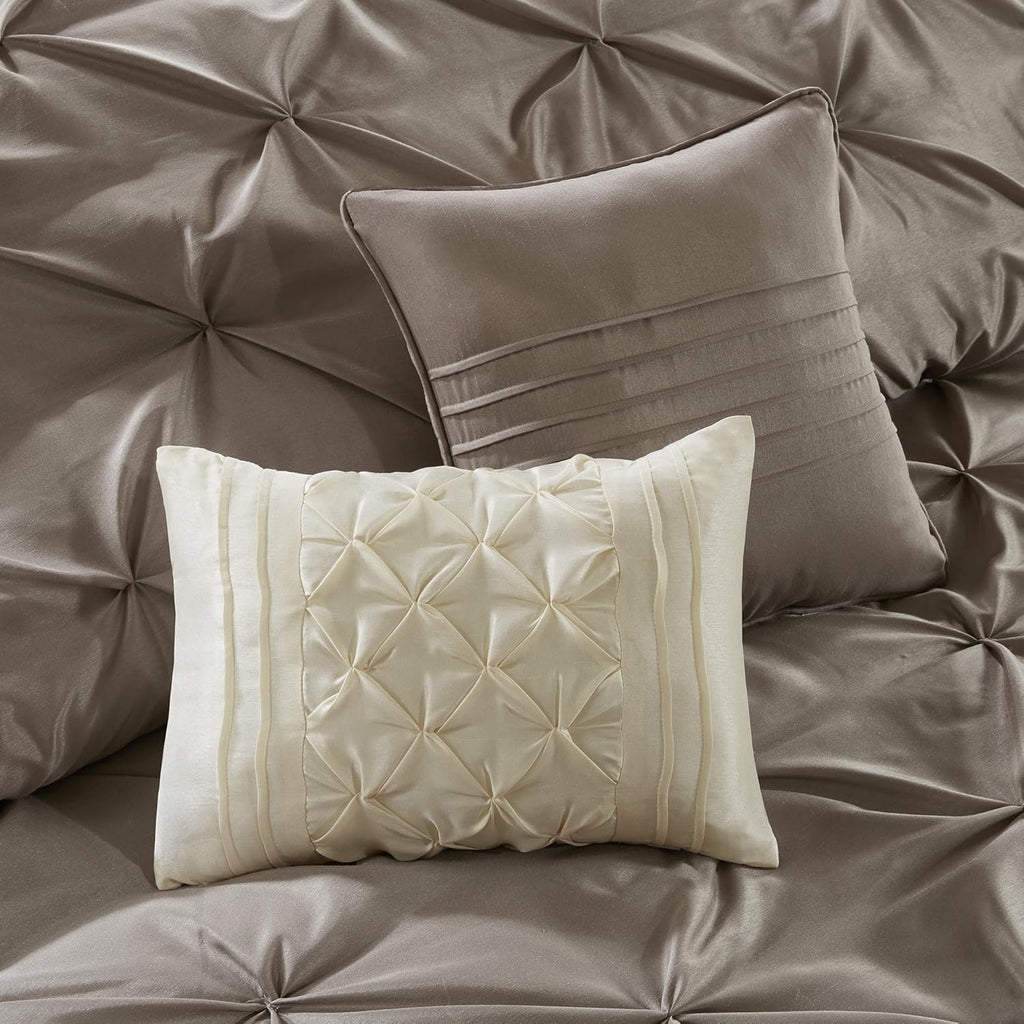 Madison Park Essentials Room in a Bag Faux Silk Comforter Set - Luxe Diamond Tufting All Season Bedding, Matching Curtains, Decorative Pillows, Taupe King(104"x92") 24 Piece