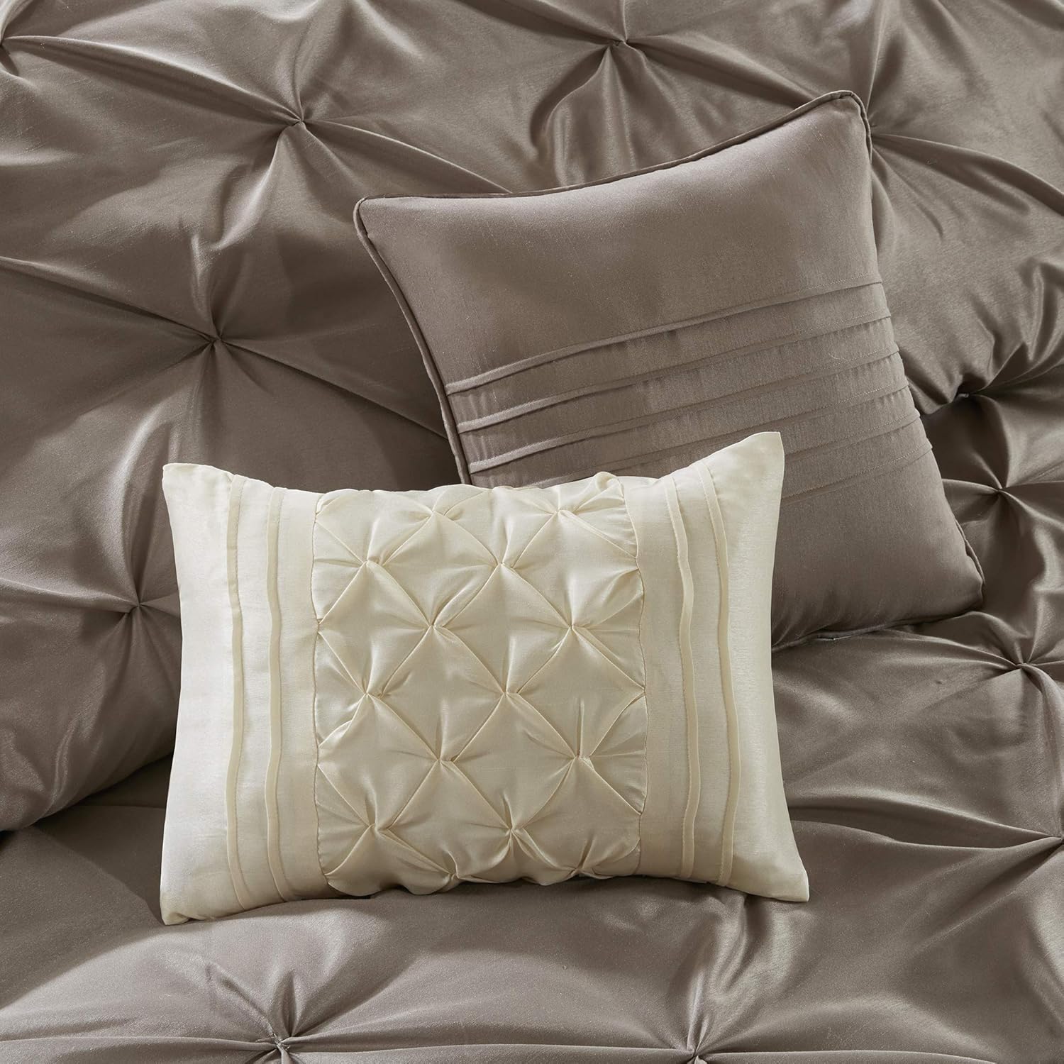 Madison Park Essentials Room in a Bag Faux Silk Comforter Set - Luxe Diamond Tufting All Season Bedding, Matching Curtains, Decorative Pillows, Taupe King(104"x92") 24 Piece