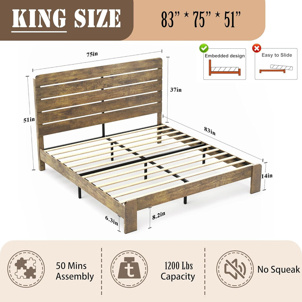 Wooden King Size Bed Frame with Headboard, Rustic Farmhouse Platform Bedframe with Wood Slat Support, Sturdy and No Noise, Easy Assembly (Light Brown/Linear Headboard, King)