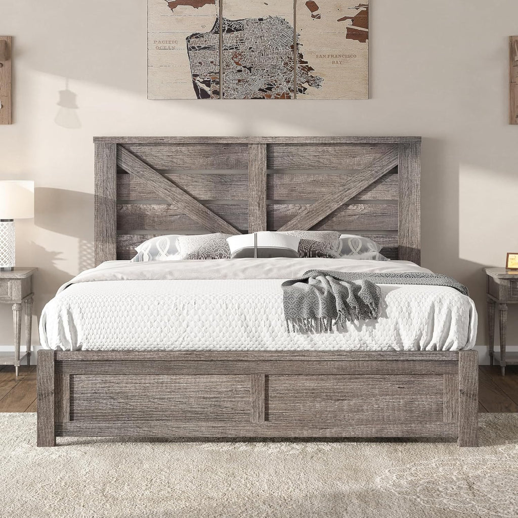 AMERLIFE Queen Size Bed Frame with 49.2" Barn Door Headboard and Footboard, Farmhouse Platform Bed Frame with Wood Slats, No Box Spring Needed, Under Bed Storage, Rustic Gray