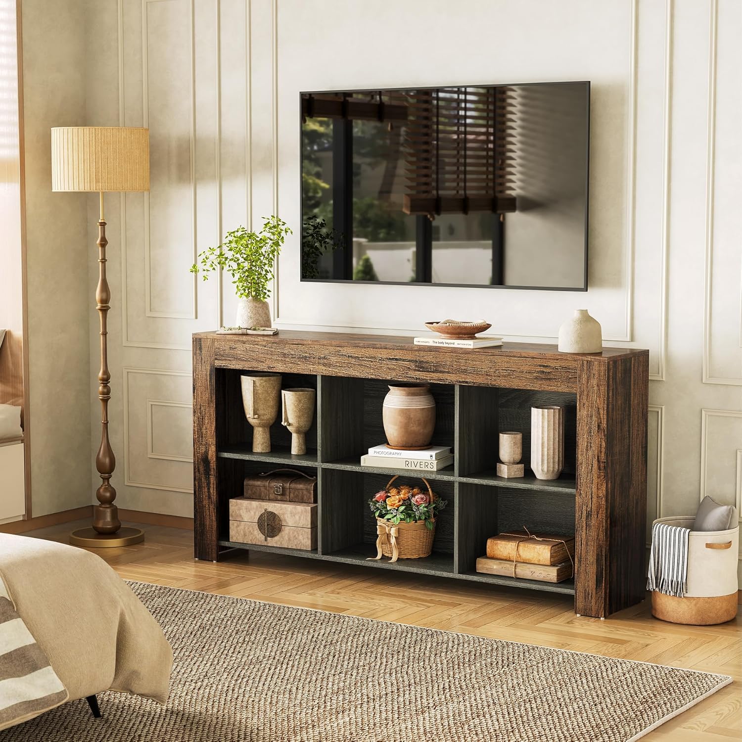 LITTLE TREE TV Stand with Storage, 63-Inch Entertainment Center with Shelves, Modern Media Console for Television up to 65" for Living Room, Bedroom, Brown + Black