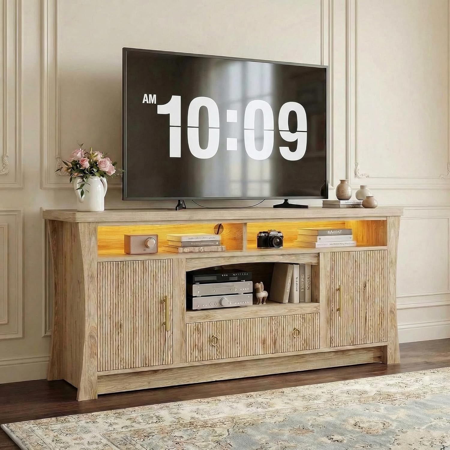 LIKIMIO TV Stand for 65 inch TVs, Entertainment Center with Power Outlet and Led Lights, TV Console with Storage Cabinets and Drawer, TV Stands for Living Room