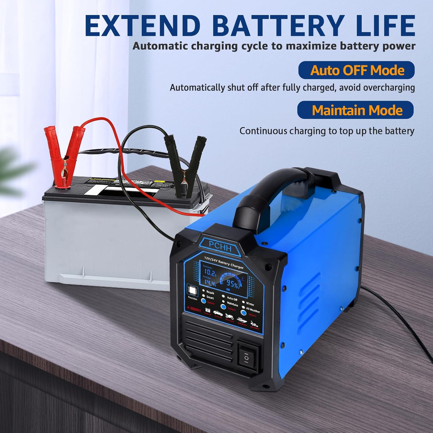PCHH 12V 24V Car Battery Charger Heavy Duty, 0-15A Automatic Battery Maintainer, Smart Trickle Charger with Auto Shutoffs, Repair, Winter Mode, for Automotive Car Truck Motorcycle Lawn Mower Boat AGM