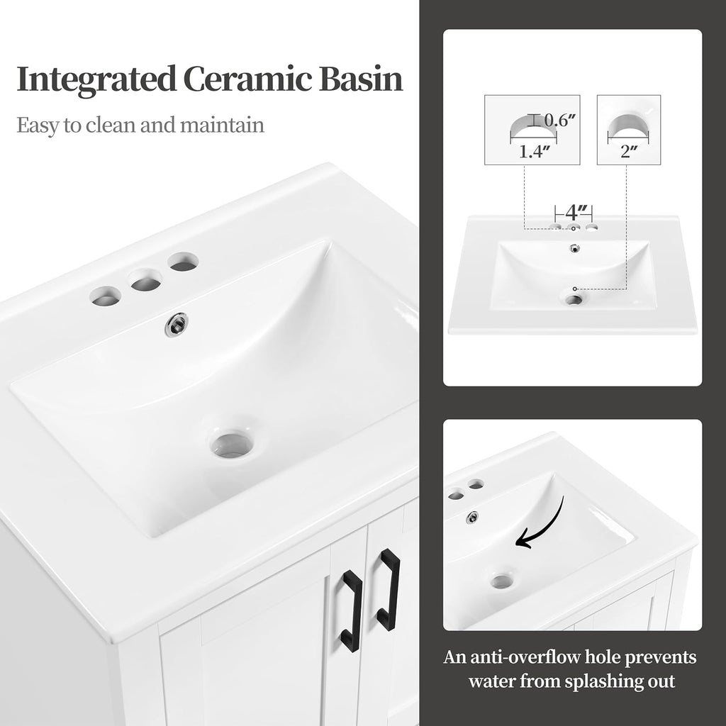 Yaheetech 24.5" Modern Bathroom Vanity with Ceramic Basin, Undermount Vanity Sink Cabinet with 2 Doors and 1 Drawer, Free Standing Bathroom Storage Cabinet with Sink Combo Set, White