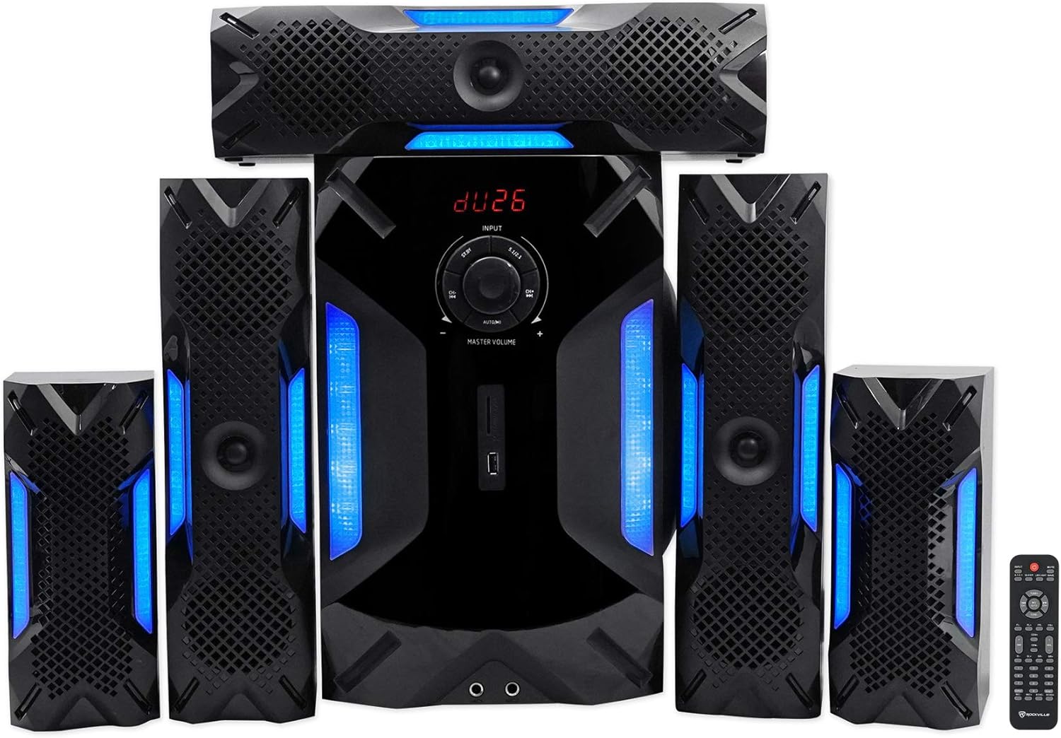 Rockville HTS56 1000W 5.1 Channel Home Theater System, Bluetooth, USB, 8" Subwoofer, LED Light Effects, Remote Control, Optical Input, for Movies, Music & Karaoke