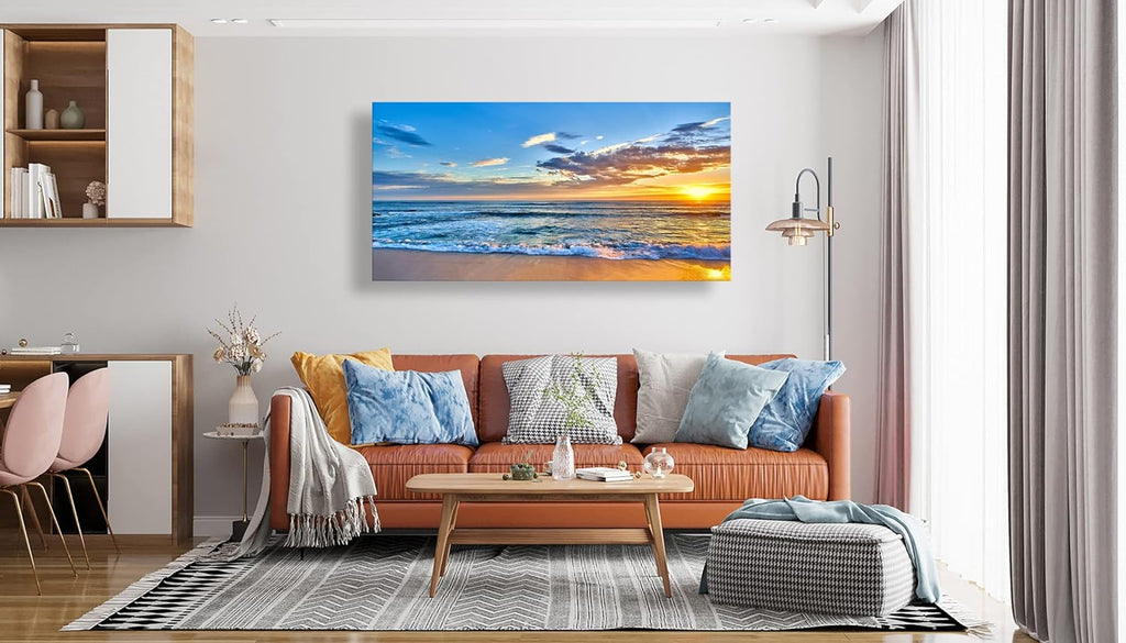 Aibonnly Wall Art Canvas Painting Seaside Sunset over the beaches 1 Piece blue sea view Landscape Ocean Picture Poster Print Framed Ready to Hang for Living Room Bedroom Kitchen Office