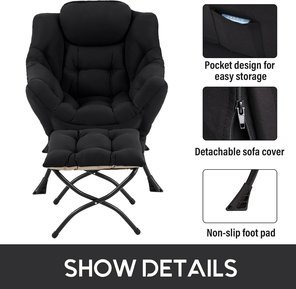 LITA Lazy Chair with Ottoman, Modern Accent Leisure Upholstered Sofa Chair, Contemporary Lounge Reading Chairs with Armrests and a Side Pocket for Living Room, Bedroom & Small Space, Black
