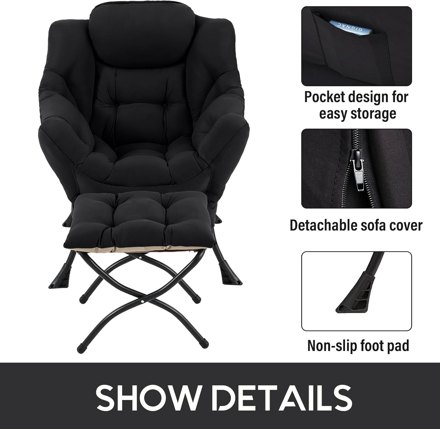 LITA Lazy Chair with Ottoman, Modern Accent Leisure Upholstered Sofa Chair, Contemporary Lounge Reading Chairs with Armrests and a Side Pocket for Living Room, Bedroom & Small Space, Black