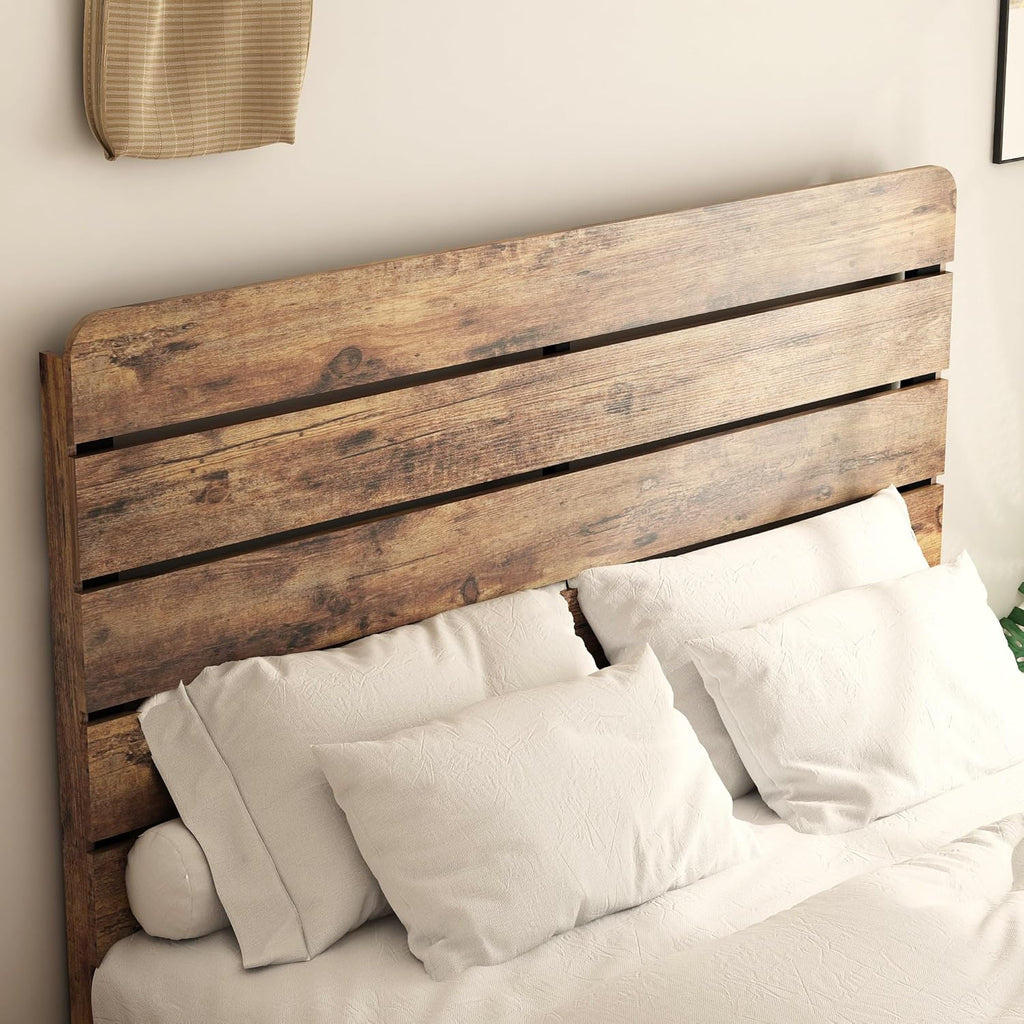 Wooden King Size Bed Frame with Headboard, Rustic Farmhouse Platform Bedframe with Wood Slat Support, Sturdy and No Noise, Easy Assembly (Light Brown/Linear Headboard, King)