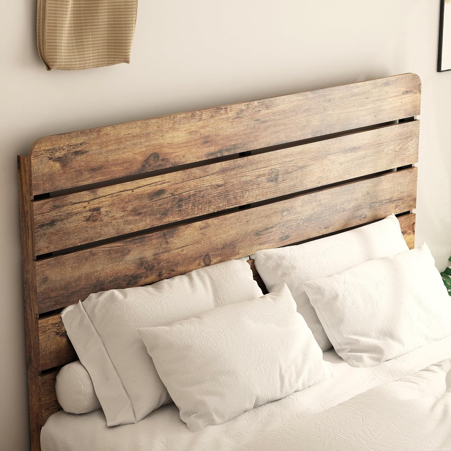 Wooden King Size Bed Frame with Headboard, Rustic Farmhouse Platform Bedframe with Wood Slat Support, Sturdy and No Noise, Easy Assembly (Light Brown/Linear Headboard, King)