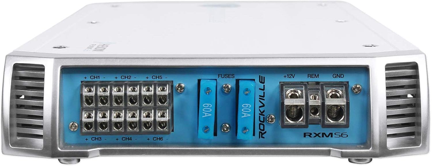 Rockville RXM-S6 Bundle: 2600W Marine 6-Ch Amplifier with PA Mic, (4) RMSTS65W 6.5 in 800W Per Pair 2-Way Boat Speakers, (2) RWB70W 250W Wakeboard Tower Speakers, RMWK4 4 AWG Amp Install Kit, 8-Items