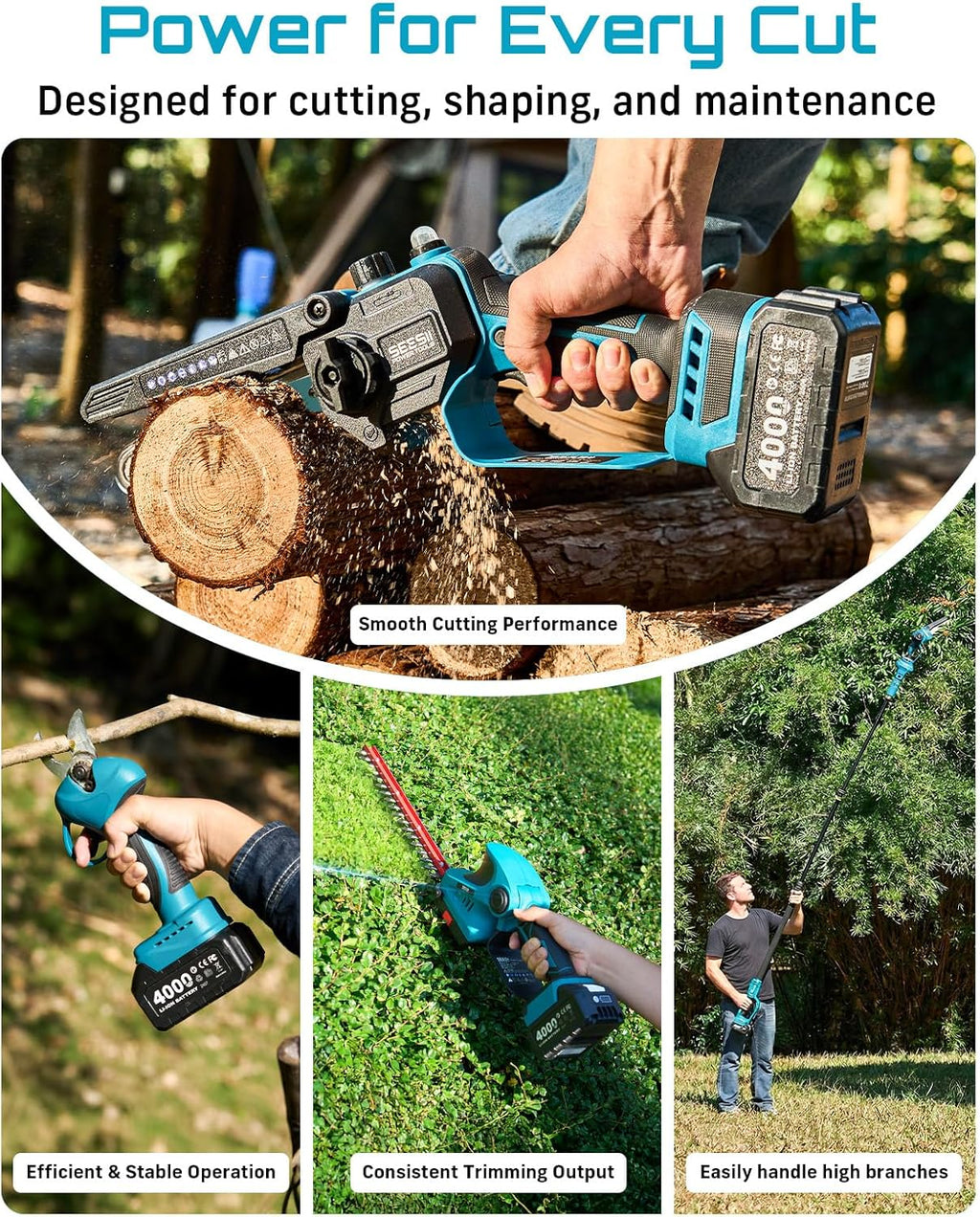 SEESII Cordless Pole Chainsaw, Hedge Trimmer, Pruning Shears, 4000mAh Battery Powered Extendable Garden Tool Kit for Outdoor Use, Electric Long Reach Saw, Hedge and Grass Trimmer, Pruner for Yard Care