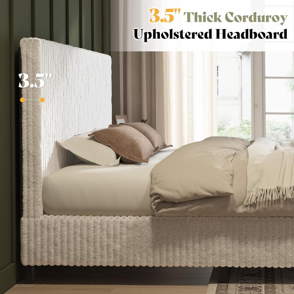 AMERLIFE King Bed Frame, Upholstered Metal Platform Bed with Vertical Channel Tufted Headboard, Soft Fabric & Strong Metal Slats, Noise-Free/Easy Assembly, White King Upholstered Bed and Headboard