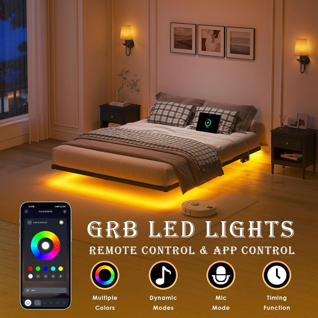 YORMDMO Floating Bed Frame Queen Size, Heavy Duty Bedframe with Smart LED Lights & Charging Station, Modern Metal Platform Bed, Easy Assembly No Box Spring Needed, 8 Inch