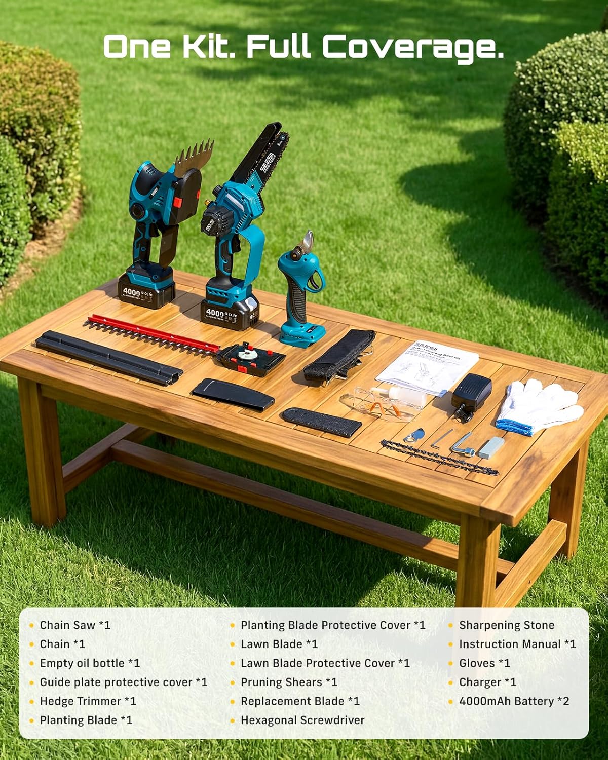 SEESII Electric Chainsaw Trimmer Pruner: 4-in-1 Cordless Chainsaw, Hedge Trimmer, Pruning Shears with 2× Rechargeable 4000mAh Batteries, Garden Tool Kit for Tree Trimming and Branch Cutting