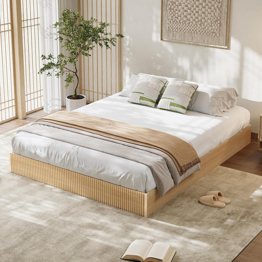 Garvee King Bed Frame, Wood Platform Bed with Fluted Design, Low Profile BedFrame, Minimalist Bed Base with Noise-Free, Easy Assembly, No Box Spring Needed, Natural