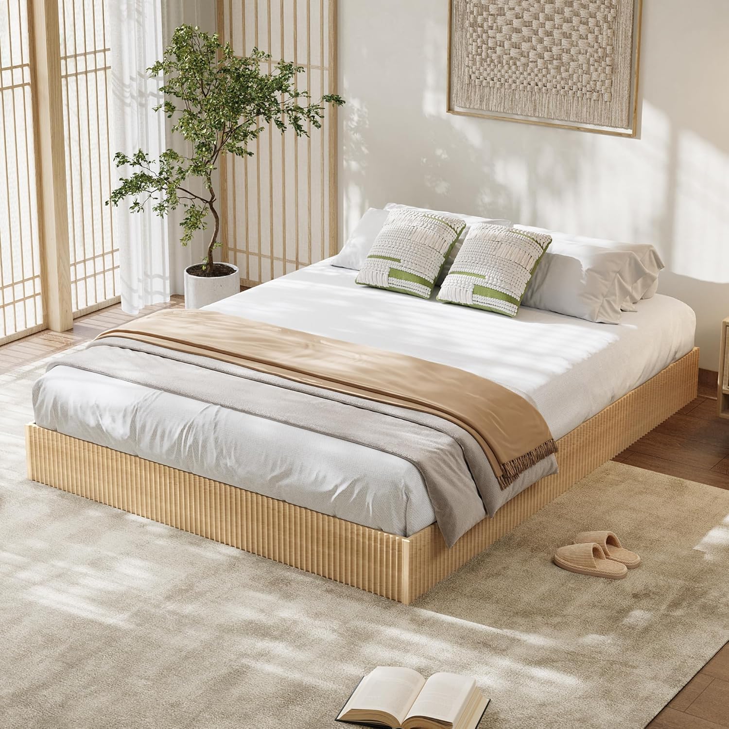 Garvee King Bed Frame, Wood Platform Bed with Fluted Design, Low Profile BedFrame, Minimalist Bed Base with Noise-Free, Easy Assembly, No Box Spring Needed, Natural