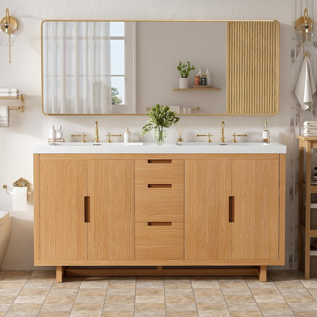 59.3-Inch Bathroom Vanity with SMC Resin Top, 4 Doors & 3 Drawers, Handle-Free, Soft-Close Hinges, Wood, MDF