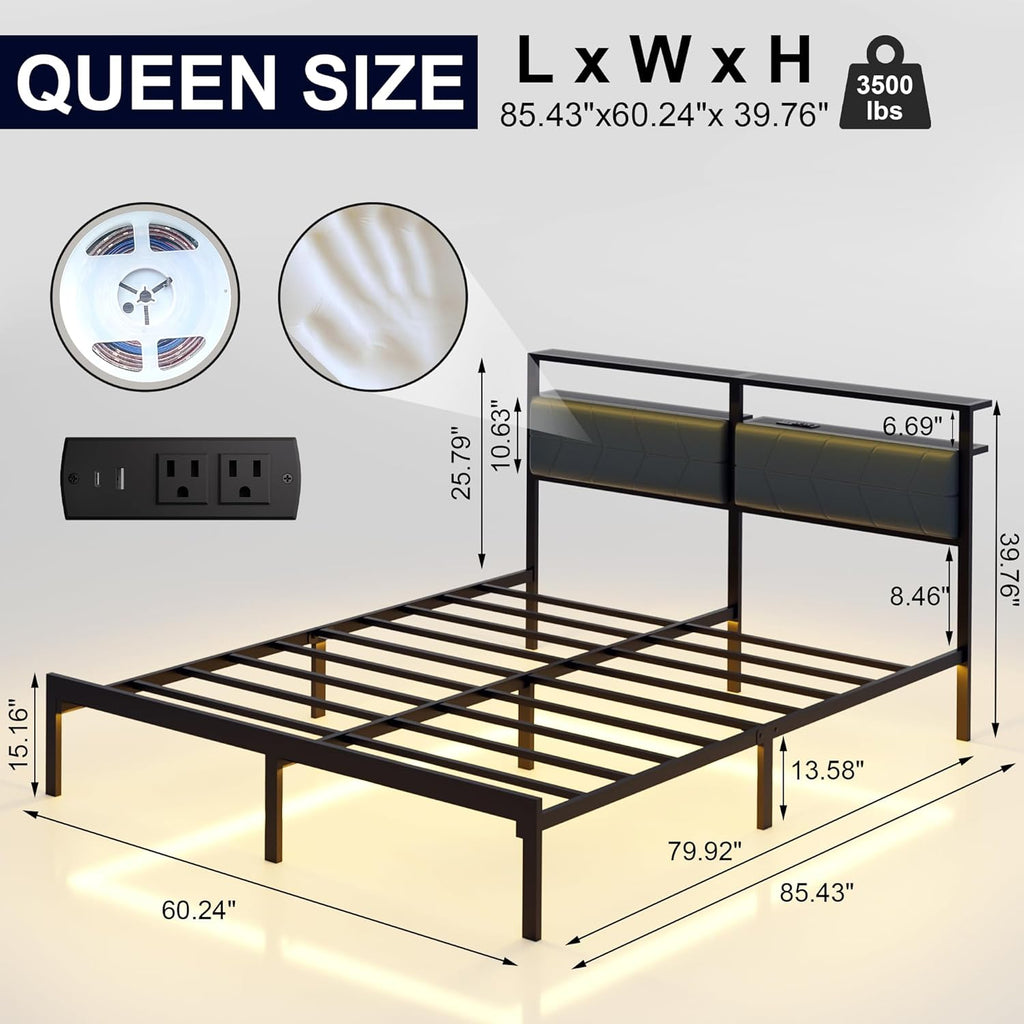 J.Fkne Queen Bed Frame with LED Lights & Charging Station, Metal Platform Bed Frame with 2 Tier Storage Headboard, Under Bed Storage, No Box Spring Needed, Noise Free, Easy Assembly