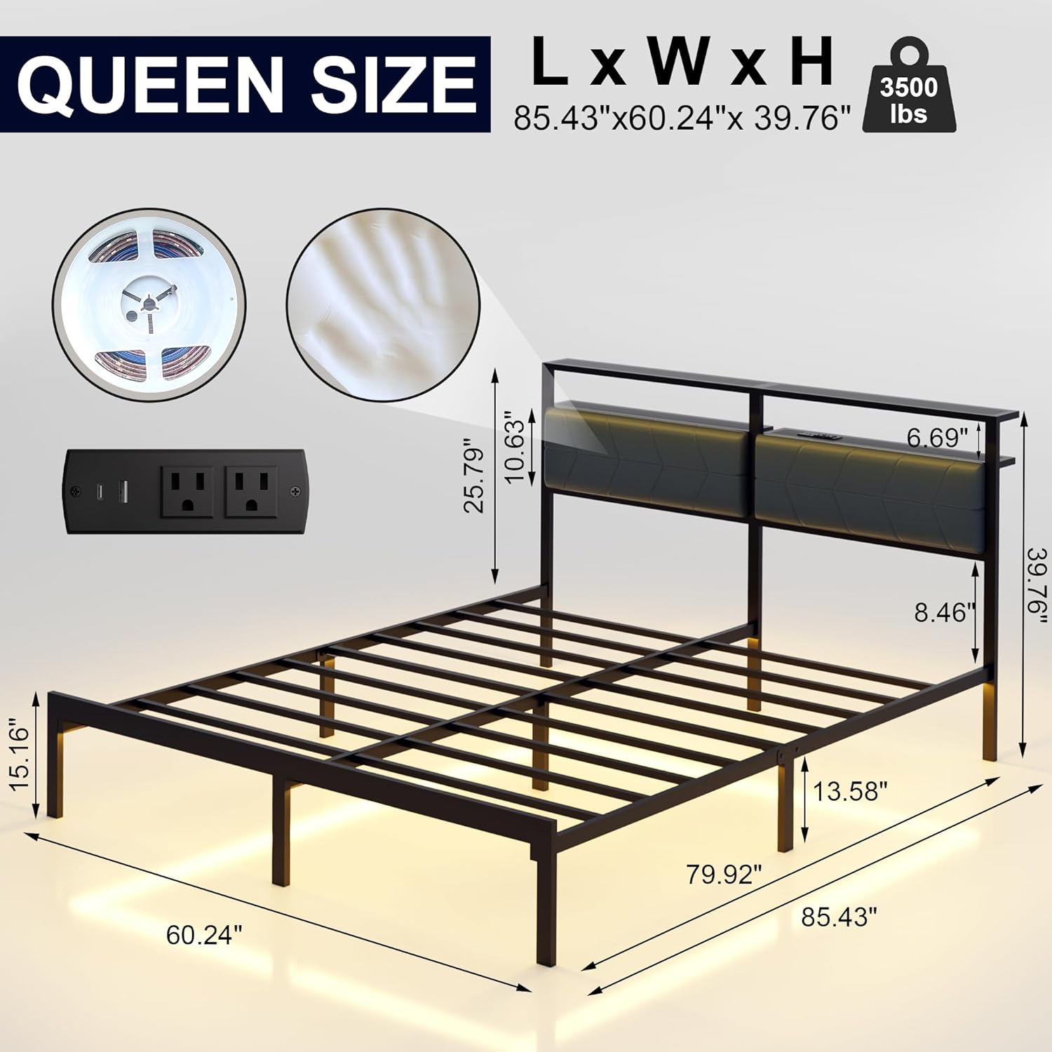 J.Fkne Queen Bed Frame with LED Lights & Charging Station, Metal Platform Bed Frame with 2 Tier Storage Headboard, Under Bed Storage, No Box Spring Needed, Noise Free, Easy Assembly