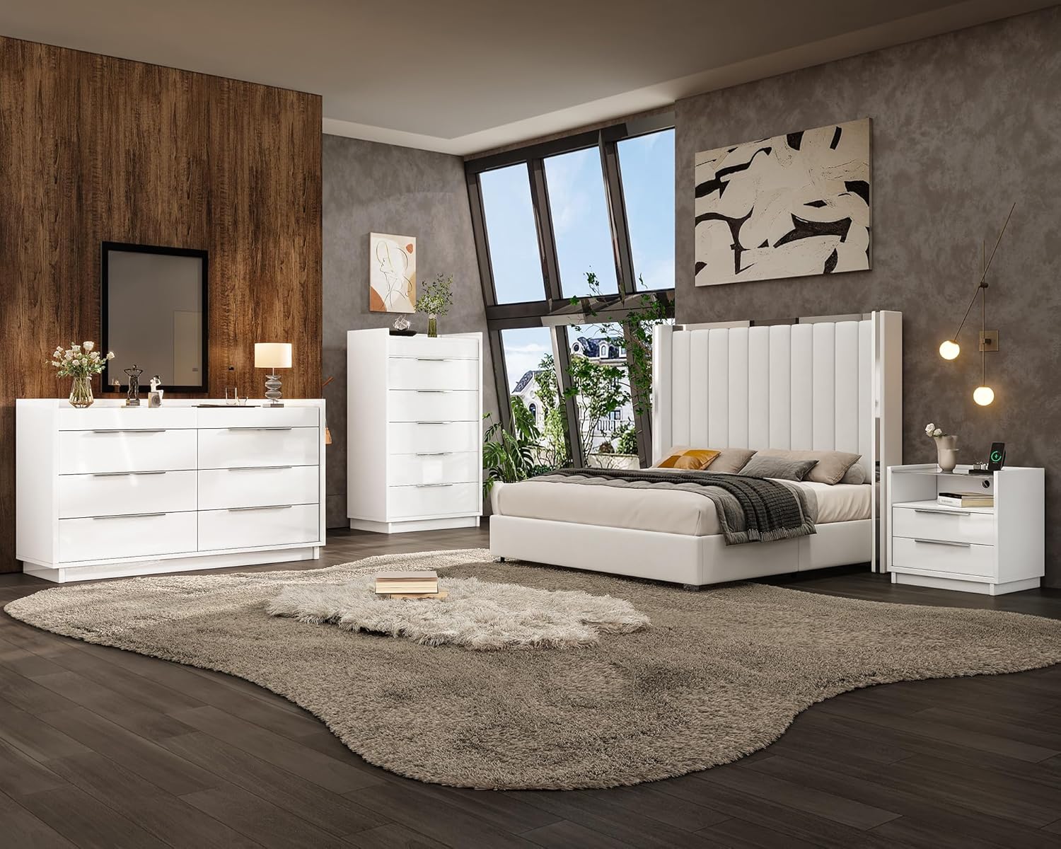 AMERLIFE 4 Piece Bedroom Furniture Set, 2 Nightstands with Charging Station, 8 Drawer Dresser with LED Light & 5 Drawer Chest, Modern High Gloss UV Finish, Bedroom Storage Organizer, White