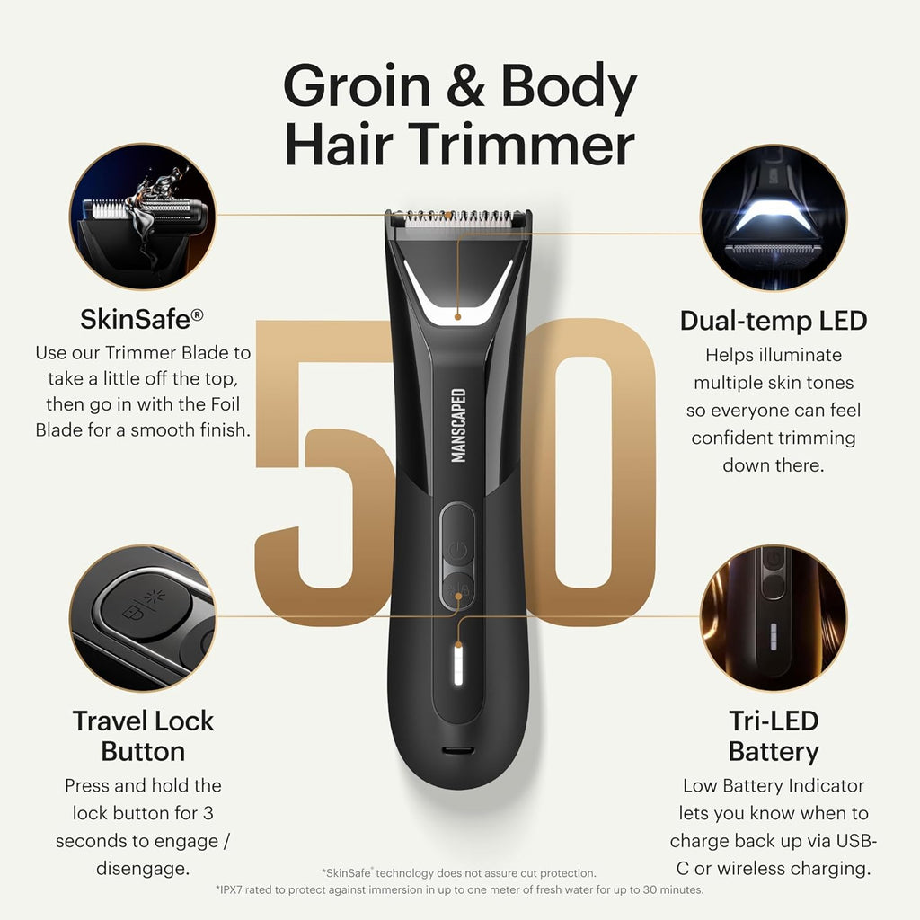 MANSCAPED® The Lawn Mower® 5.0 Ultra Groin & Body Hair Trimmer – Dual-Head SkinSafe® Trimmer & Foil Blades, Waterproof Wet/Dry Groomer, USB-C Rechargeable with Travel Case, Men's Ball Shaver, Black