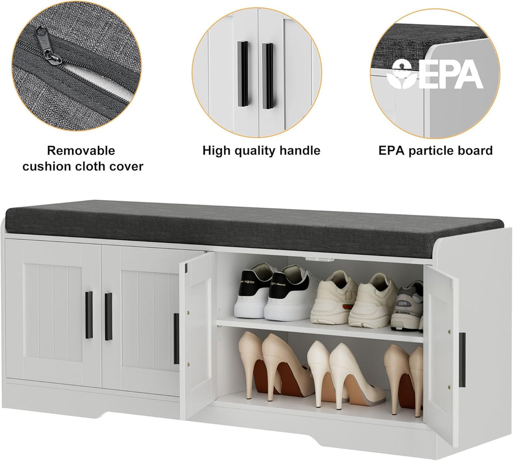 Homleke 2-Tier Storage Bench, Shoe Bench with Thickened Padded Seat Cushion, Entryway Bench with 4 Doors, Adjustable Shelf, 13.8" D x 45.3" W x 18.5" H, for Entryway, Living Room, Bedroom, White