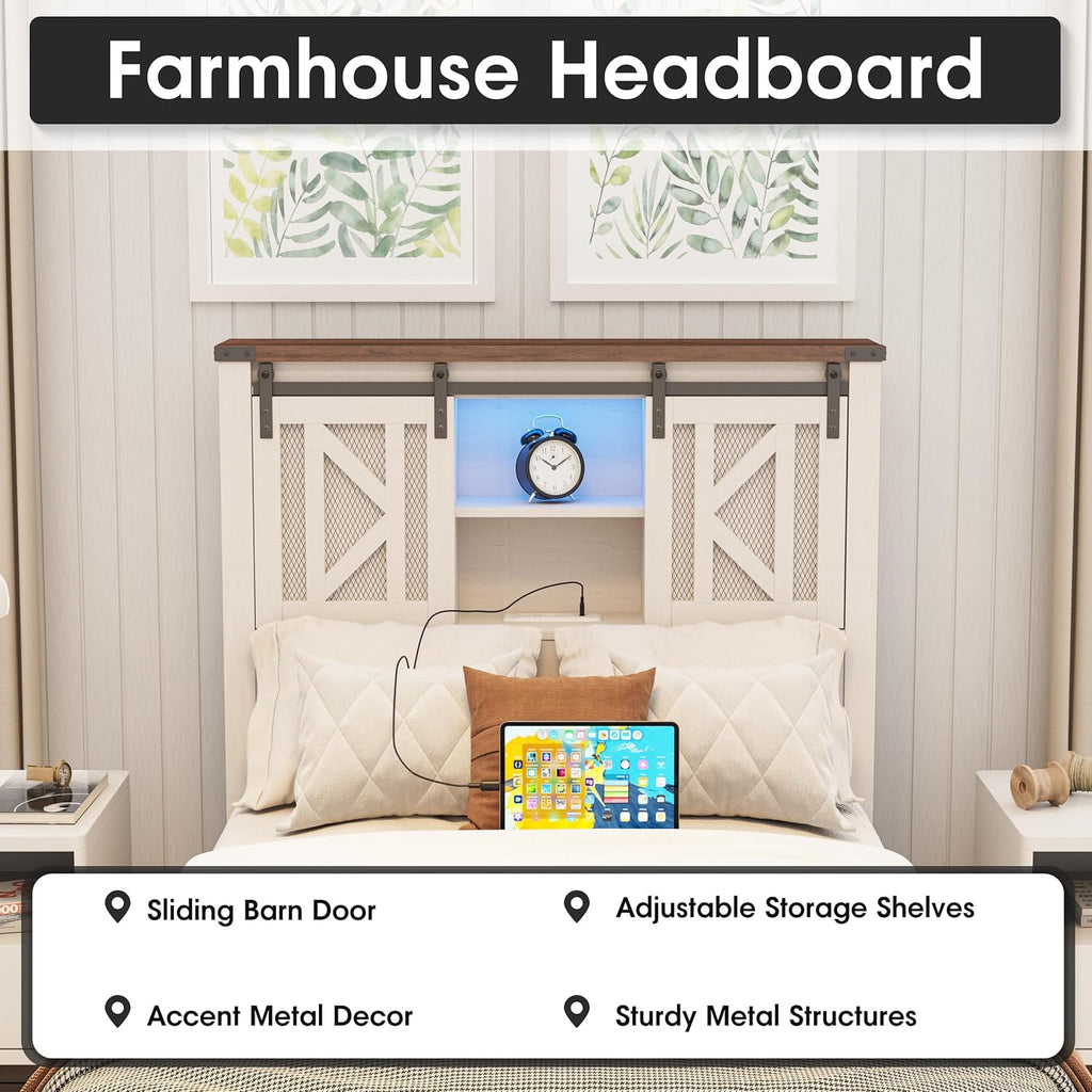 Vabches Farmhouse Twin Size Bed Frame with Storage Bookcase Headboard, LED Lights and Charging Station, Sliding Barn Door and Adjustable Shelves, No Box Spring Needed, White