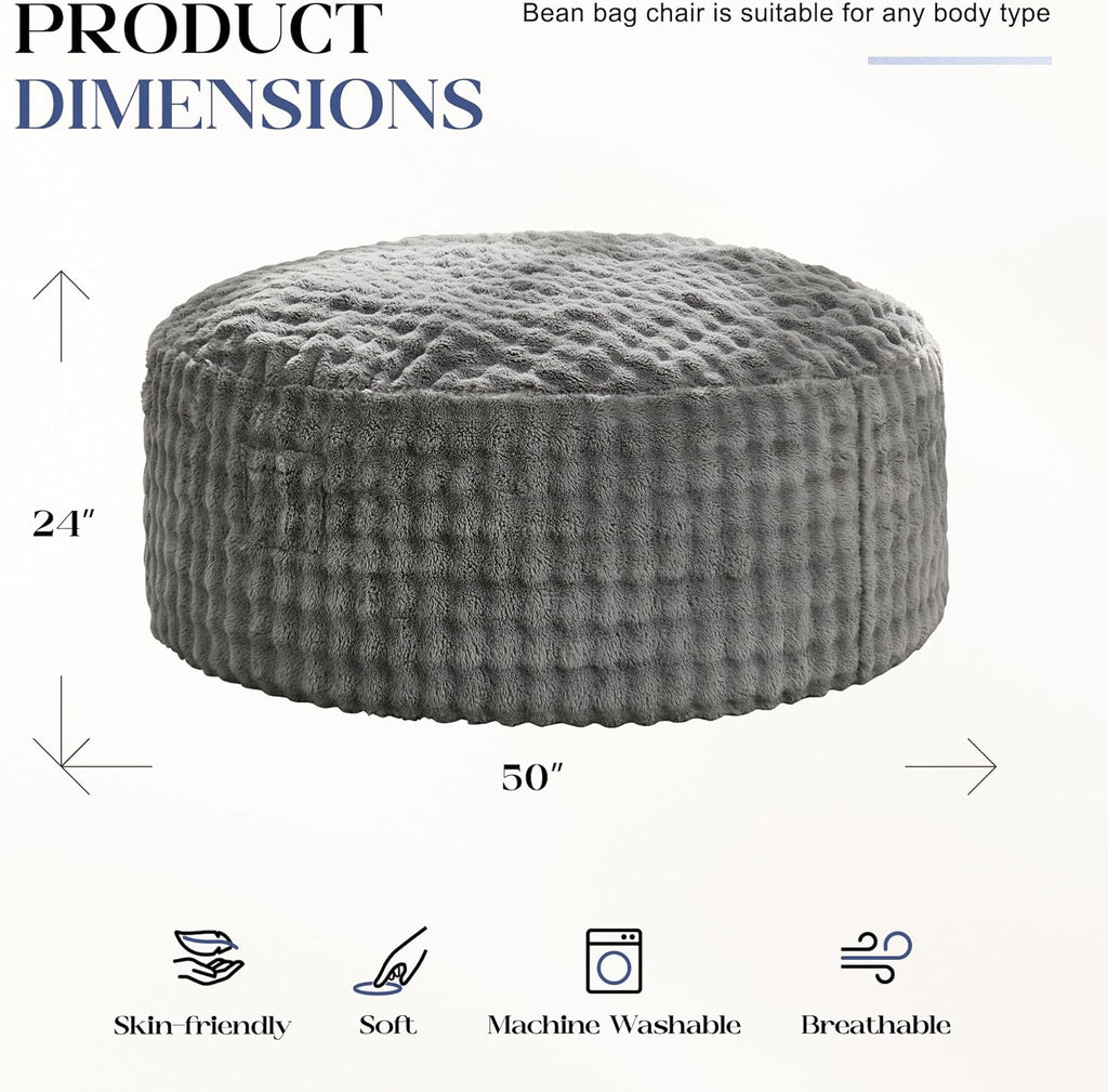 Hobestluk Bean Bag Chairs Beanbag Chair with Filler Adult Bean Bags with Fluffy & Machine Washable Cover, Giant Bean Bag Chairs for Aduts (Grey, 5FT-50" x 50" x 24")