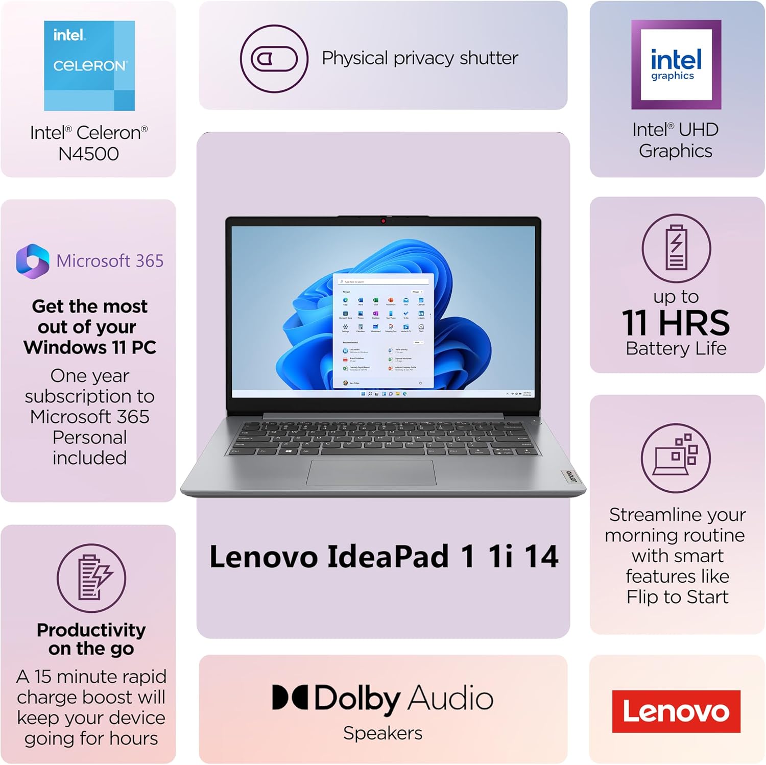 Lenovo Laptop Computer for Home and Office with Office 365, 14" HD Display, 8GB RAM, 128GB Storage, Intel Dual-Core, WiFi6, Bluetooth 5.2, USB-C, Portable Desgin, Long Battery, Windows 11 Home