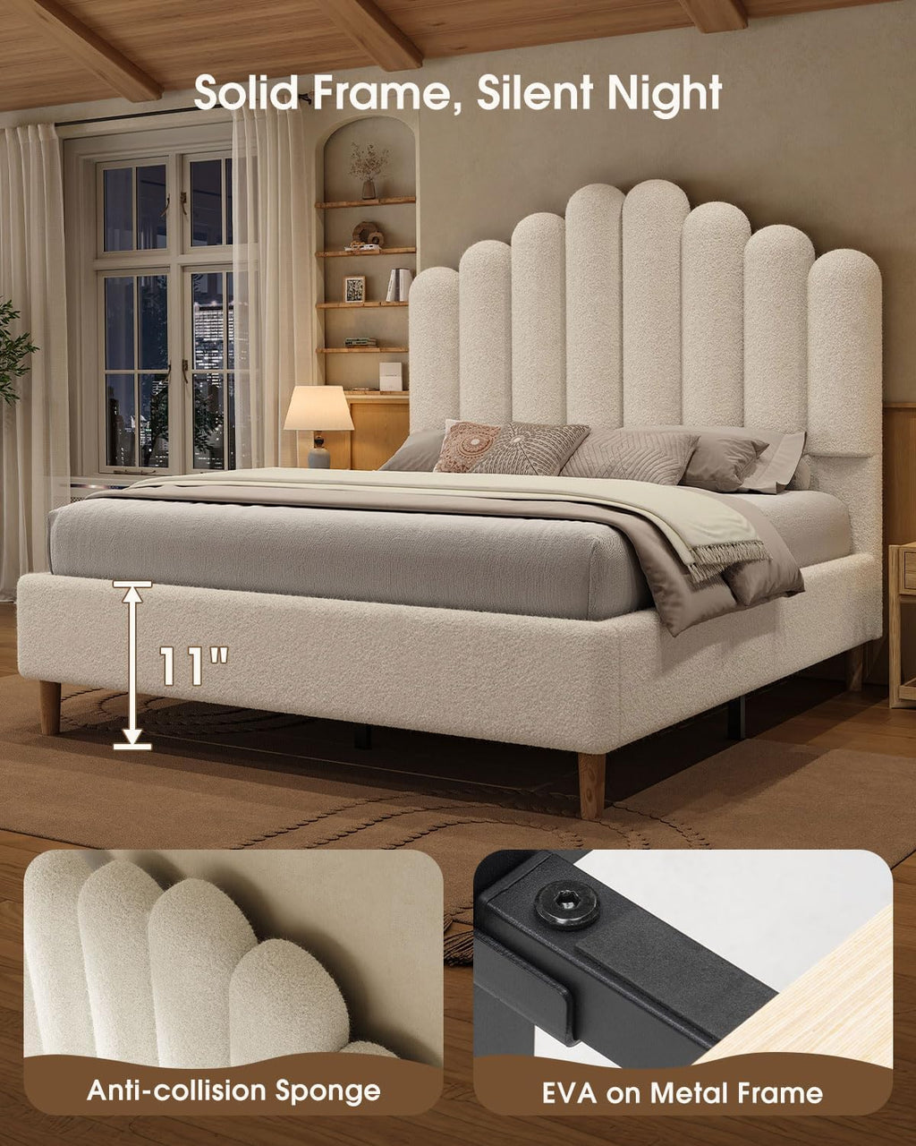 Full Size 57" Tall Boucle Bed Frame with Cloud Upholstered Headboard, Soft Bedframe with Round Corners, Solid Wood Legs, No Box Spring Needed, Easy Assembly, White